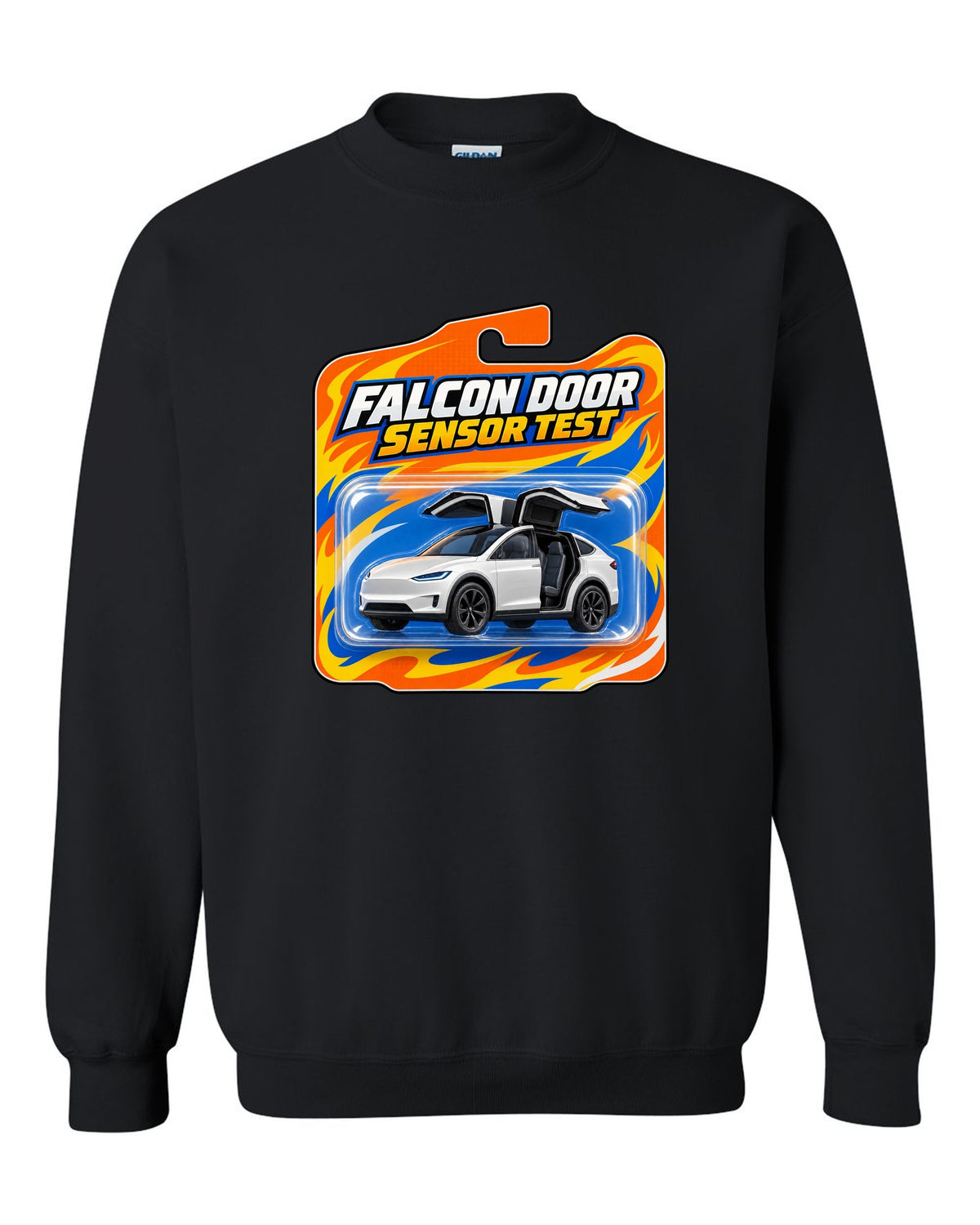 Toy blister card style print of a Tesla Model X reading Falcon Door Sensor Test black crewneck front view with the design