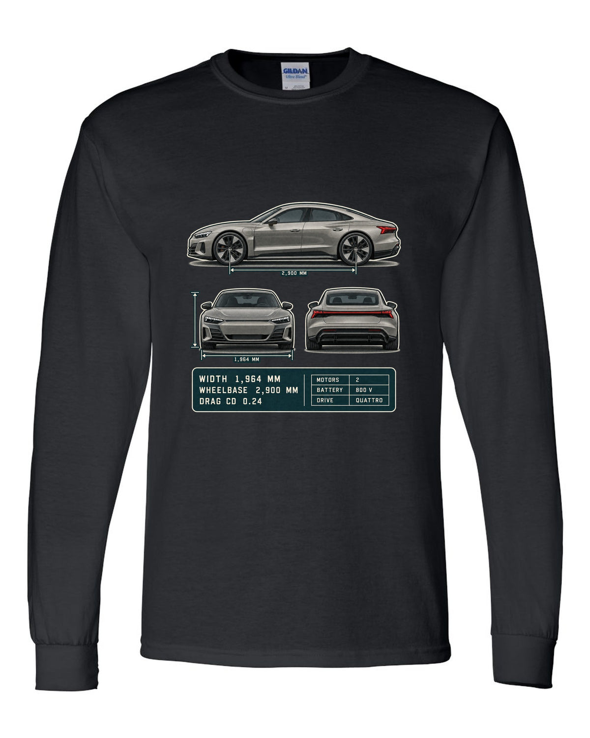 Audi RS e-tron GT Three-View Spec Table Tee, Cd 0.24 Car black long sleeve front view with the design