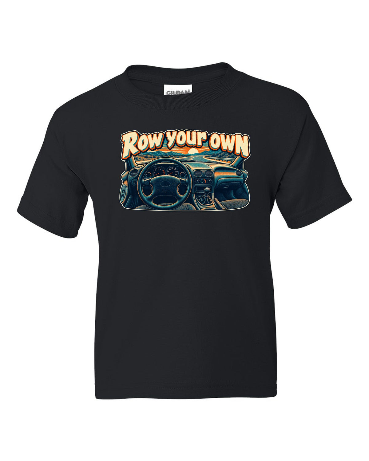 Risograph halftone Ford Mustang SN95 with the words Row your own black kids tee front view with the design