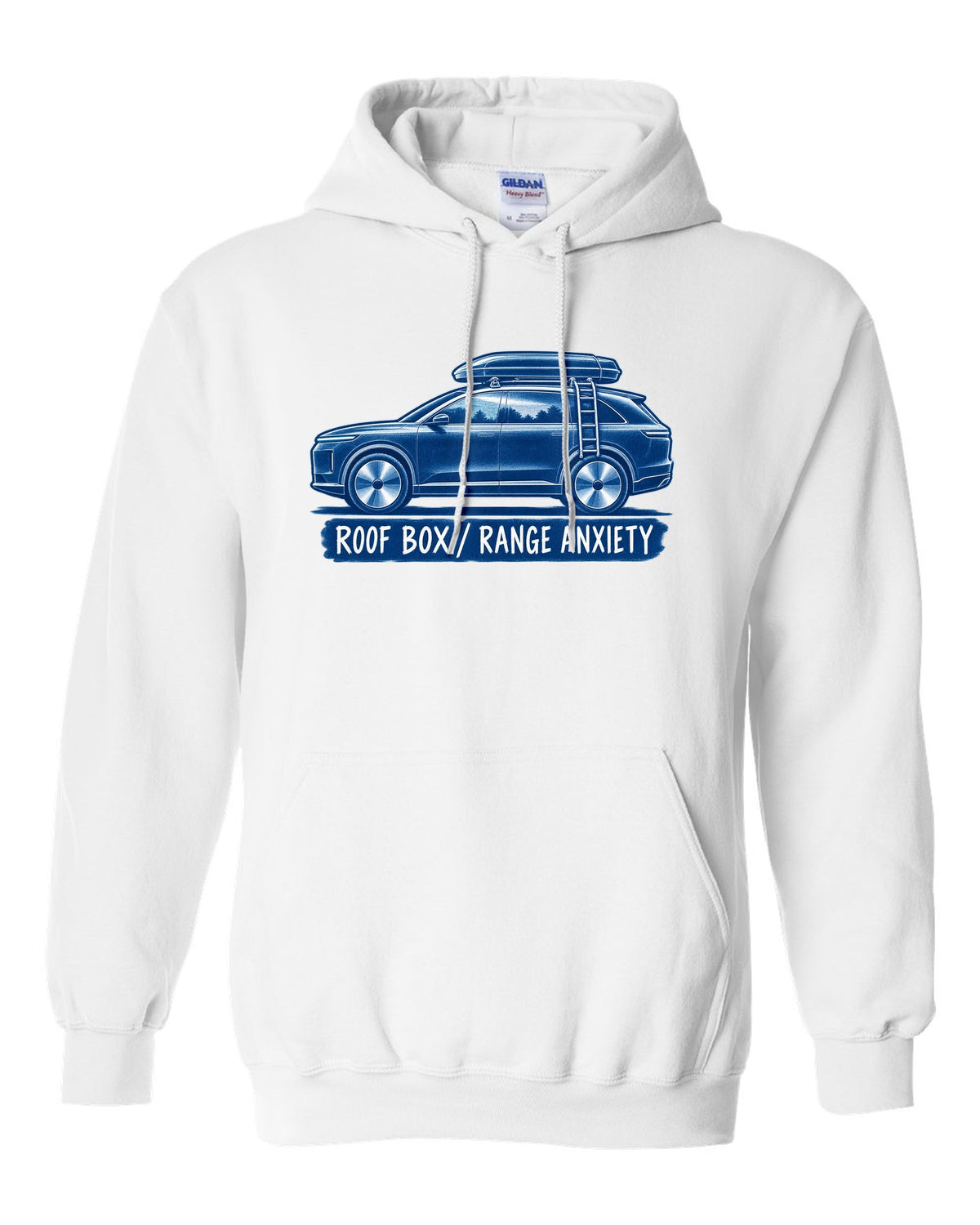 Lucid Gravity white-on-blue cyanotype print with the text roof box range anxiety white pull over hoodie front view with the design
