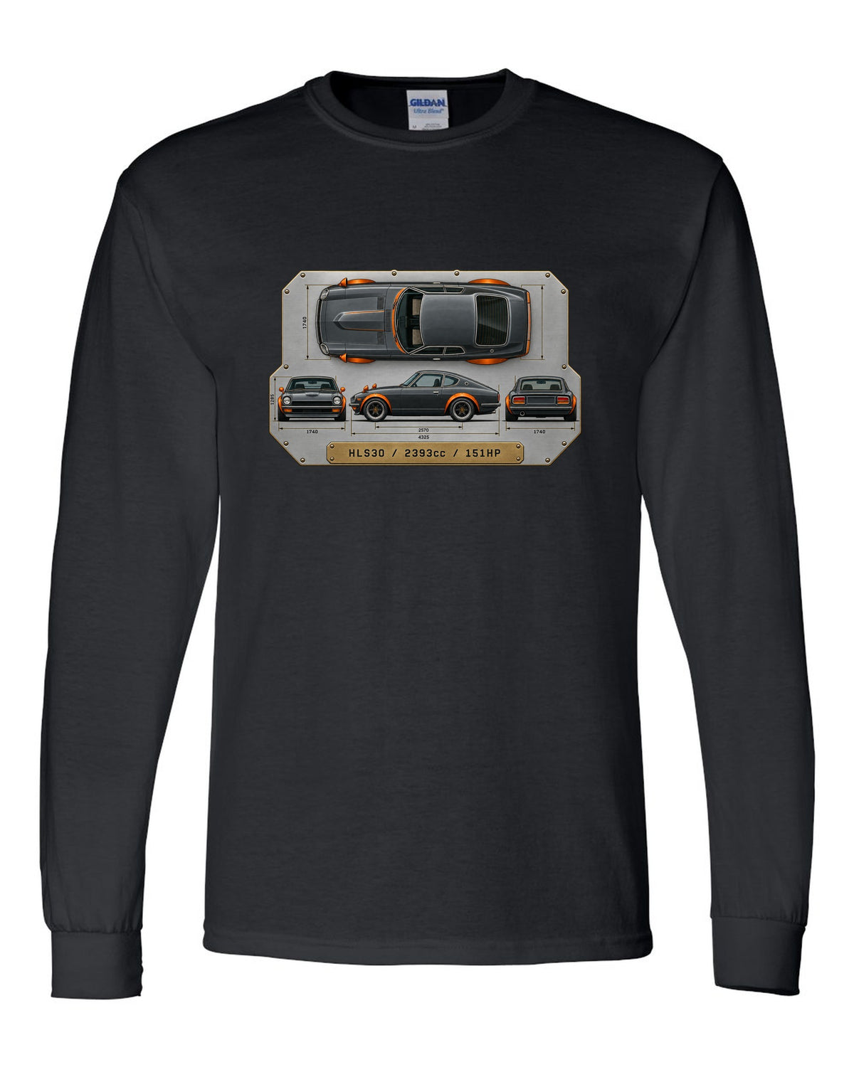Top-down spec plate print of a Datsun 240Z HLS30 with 2393cc and 151HP black long sleeve front view with the design