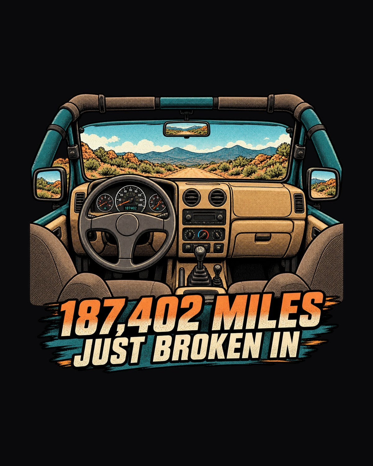 Jeep Wrangler TJ Sun-Faded Dashboard Halftone Tee, 187,402 Miles design only