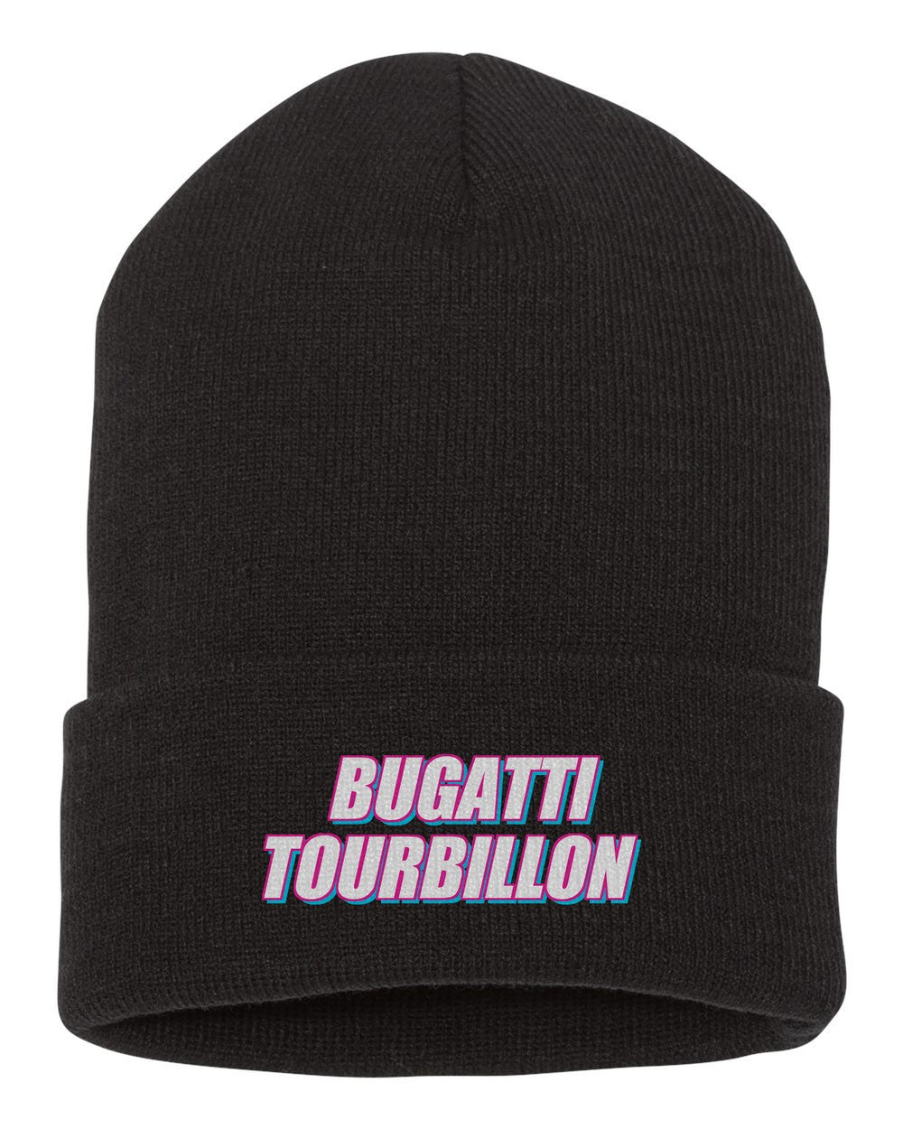 Bugatti Tourbillon black beanie front view with car name