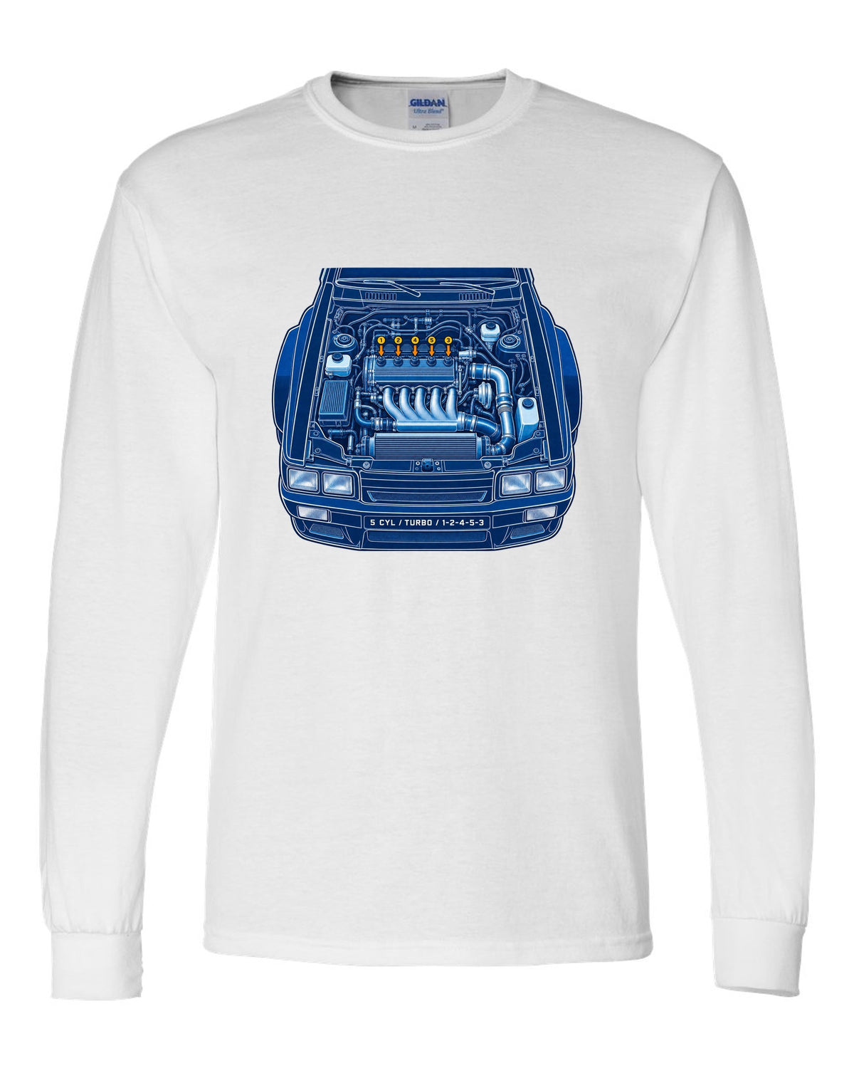 Cyanotype blueprint print of an Audi Ur-Quattro Type 85 with firing order text white long sleeve front view with the design