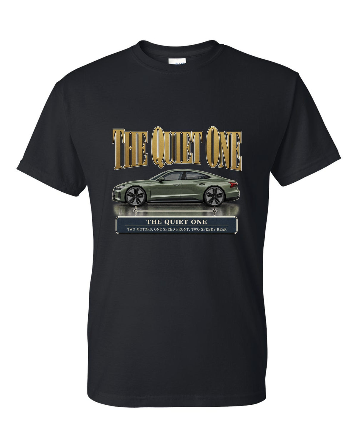 Audi e-tron GT quattro profile editorial headline print design black t-shirt front view with the design