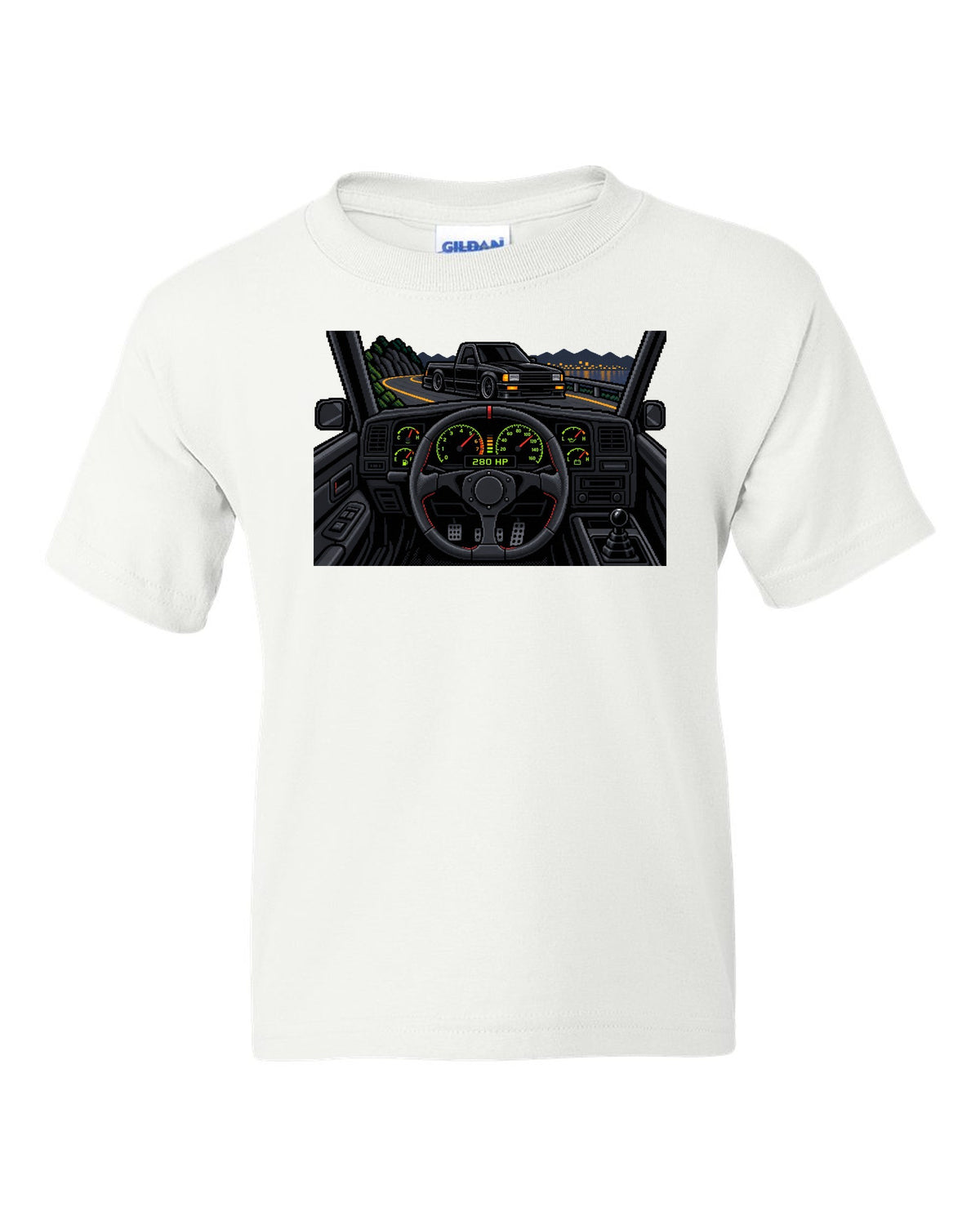 8/16-bit pixel art gauge print of a 1991 GMC Syclone with 280 HP text white kids tee front view with the design