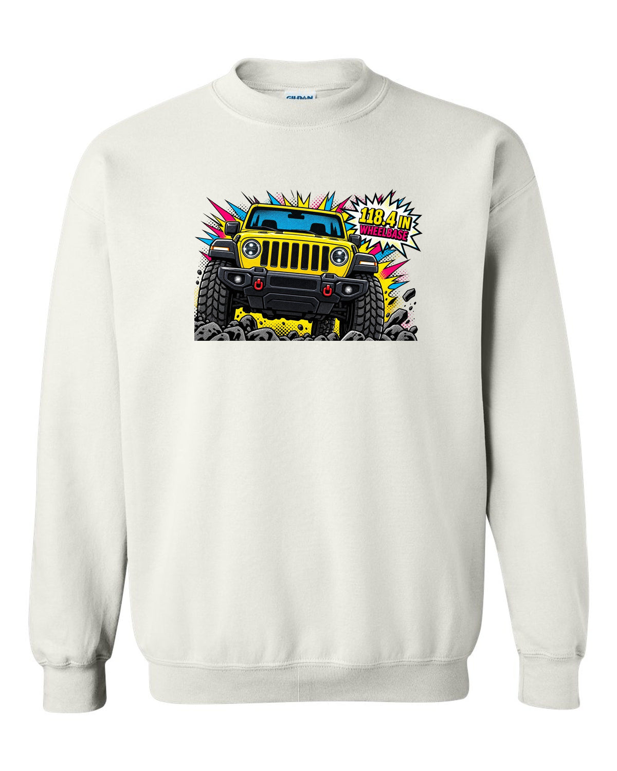 Jeep Wrangler JLU grille and headlight comic halftone pop art with 118.4 in wheelbase text white crewneck front view with the design
