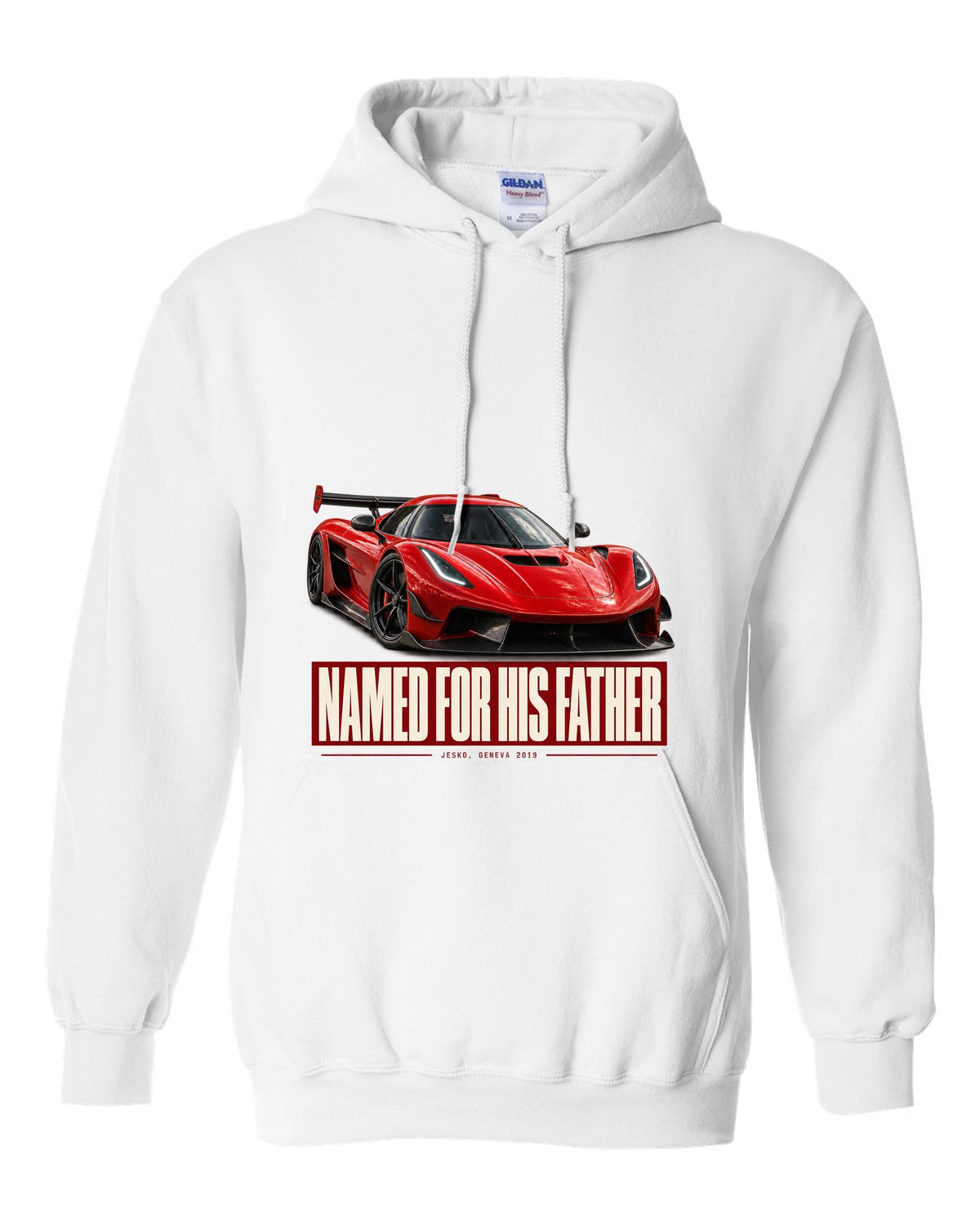 Editorial headline poster of a Koenigsegg Jesko Attack front three-quarter, print white pull over hoodie front view with the design