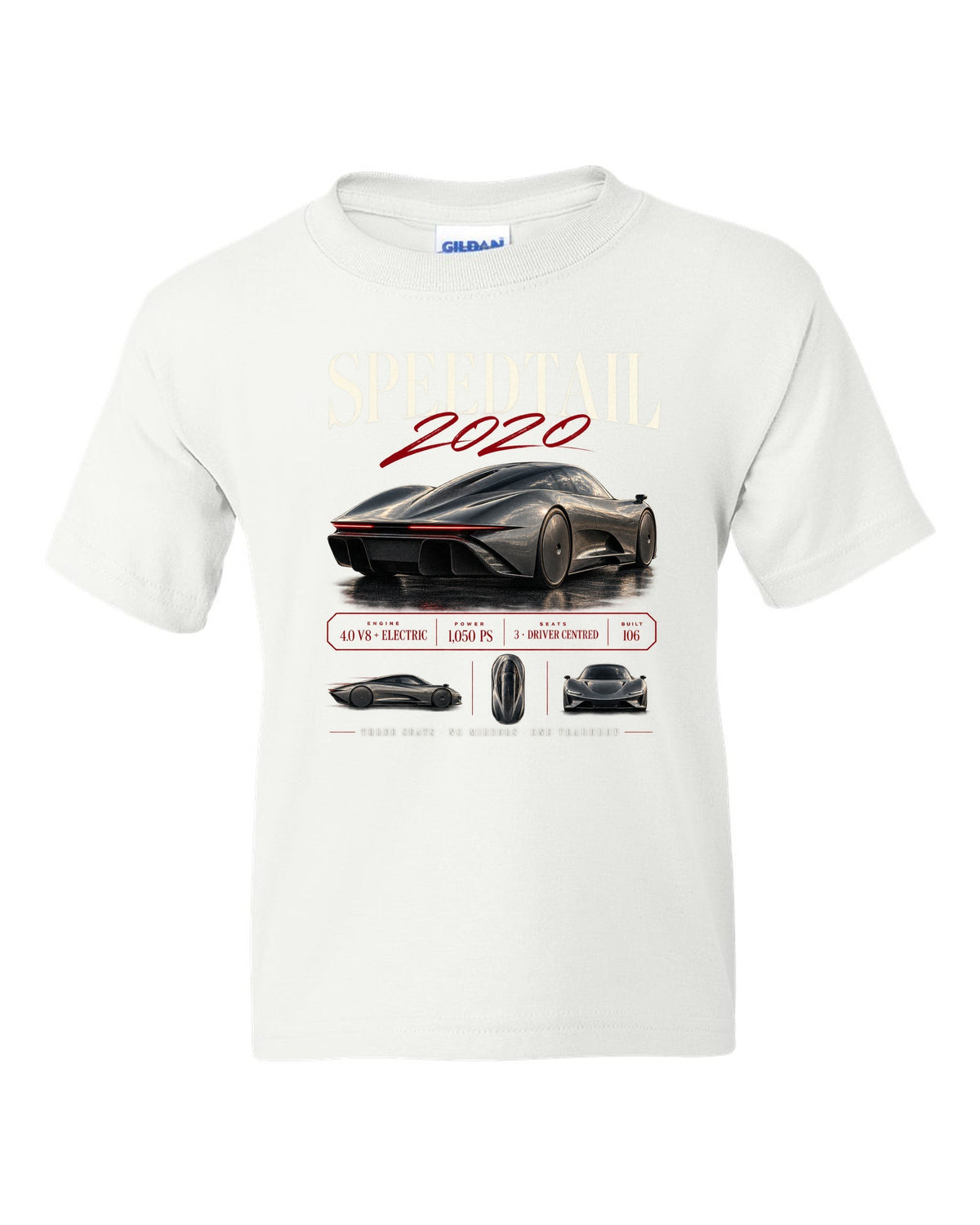 Archive panel print of a 2020 McLaren Speedtail with three seats and no mirrors text white kids tee front view with the design
