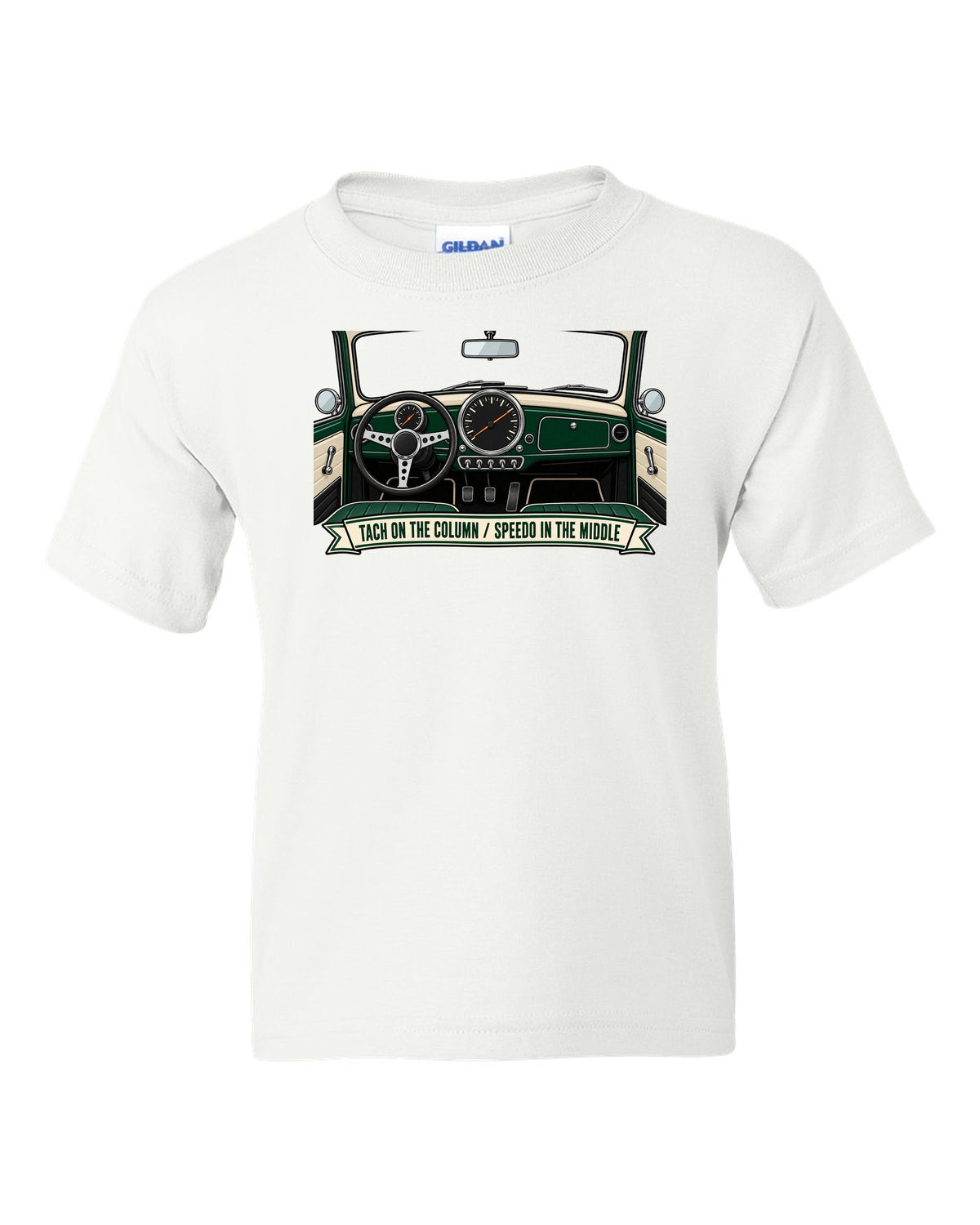 Line art of the Mini Cooper S R53 gauge cluster with column tach and central speedometer white kids tee front view with the design
