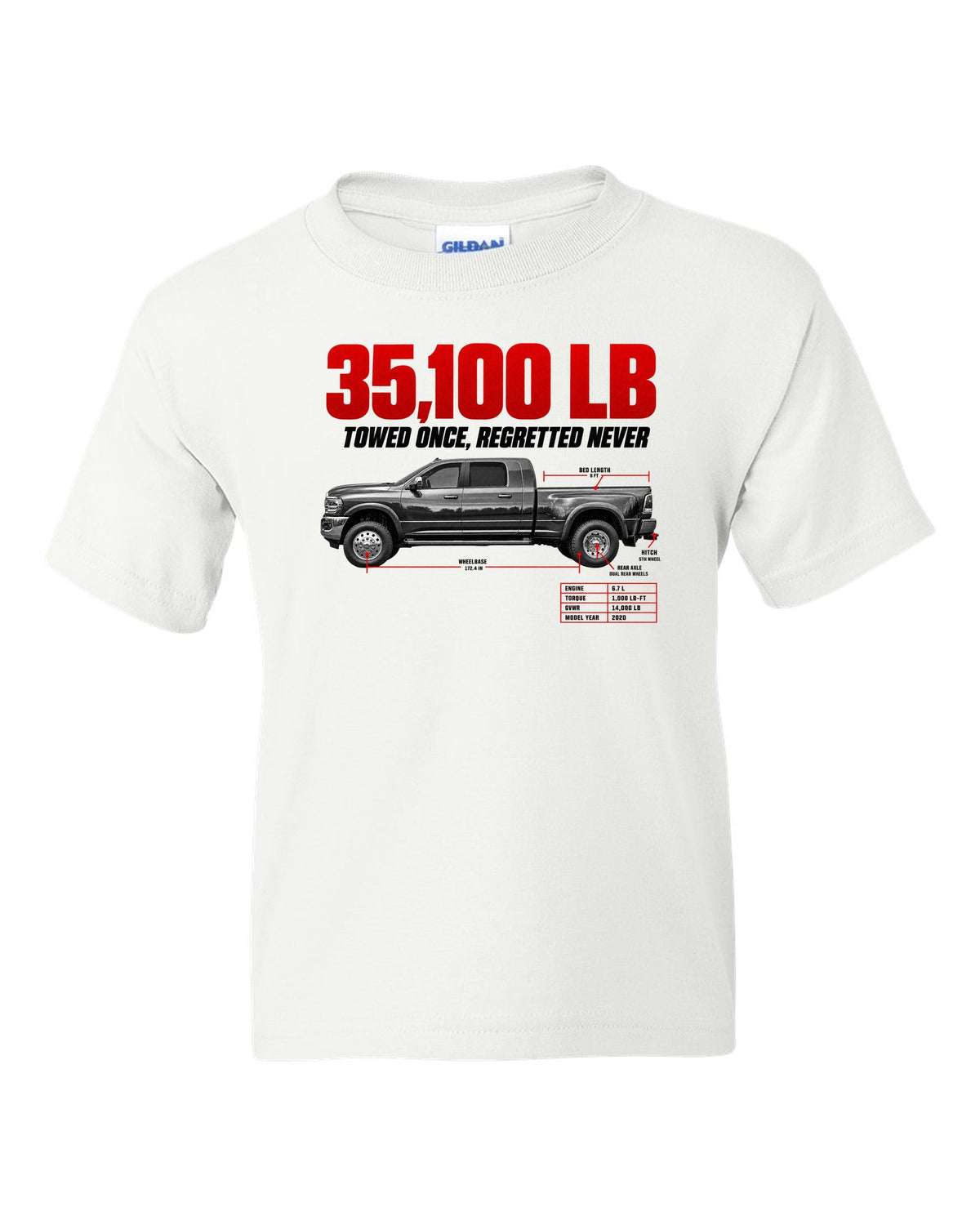 Ram 3500 5th Gen Side Profile Spec Poster Tee, 35,100 Lb white kids tee front view with the design