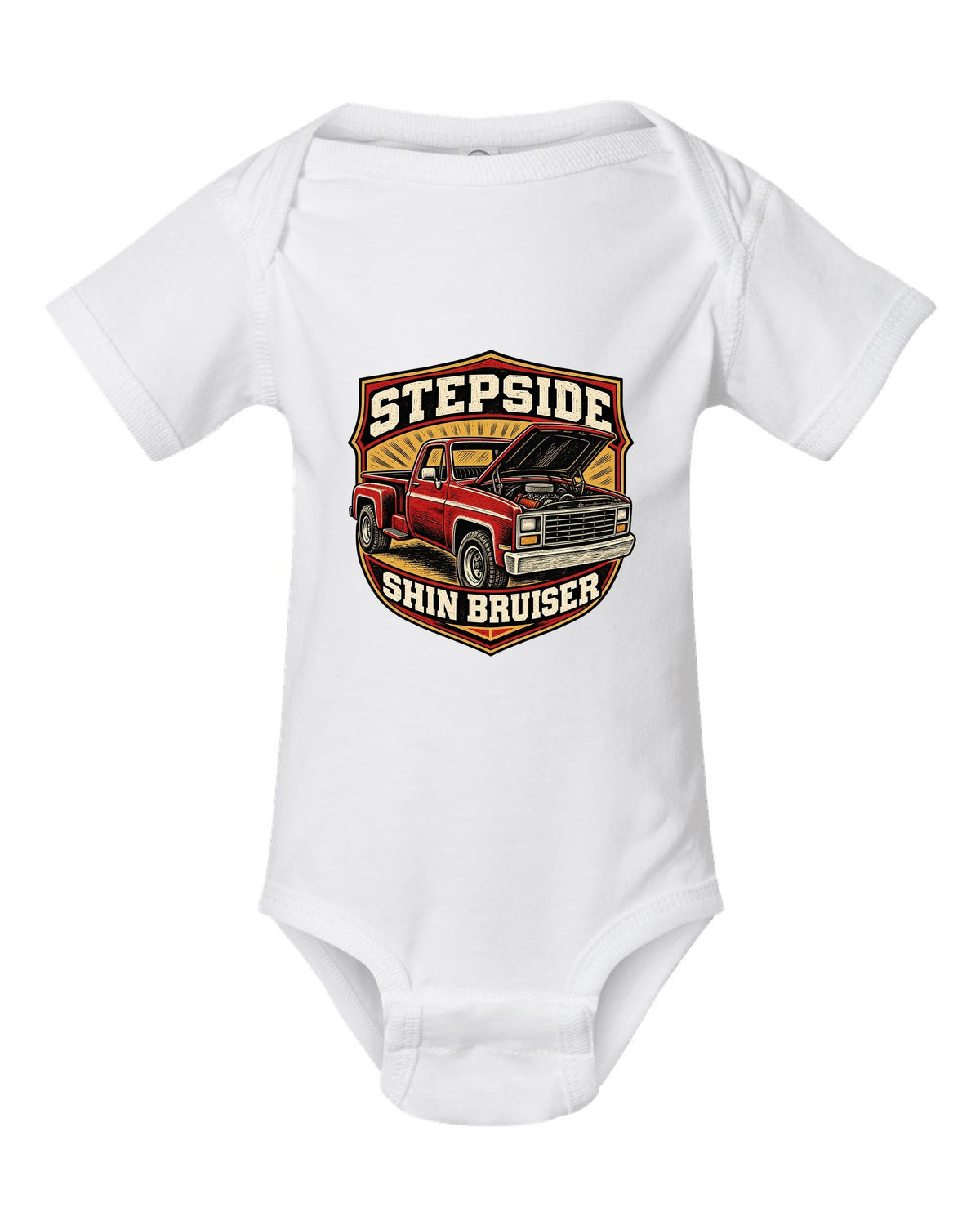 Linocut woodcut print of a 1973-87 Chevrolet C10 Squarebody Stepside with hood up and shin bruiser text white baby onesie front view with the design