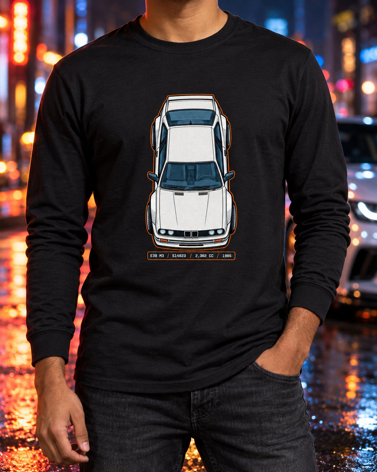 BMW E30 M3 S14 Engine Data Plate Shirt, Car Guy Tee Long Sleeve Black worn hero
