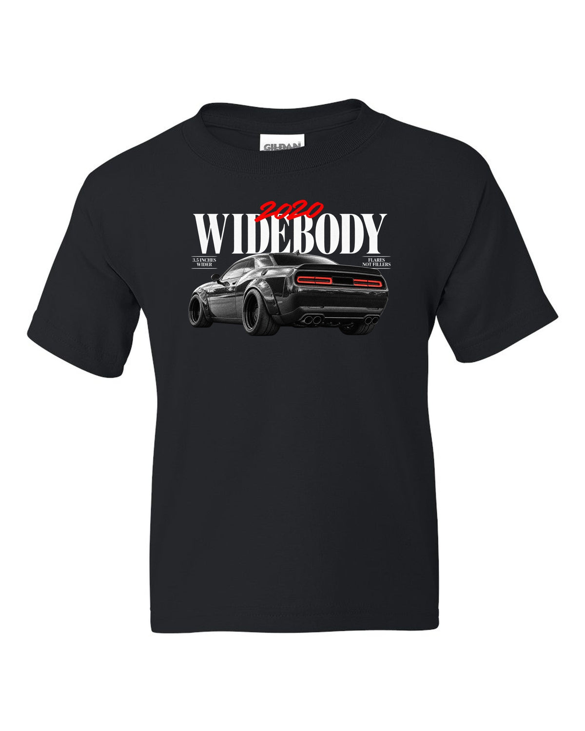 Editorial headline print of a 2020 Dodge Challenger Scat Pack Widebody with 3.5 inches wider text black kids tee front view with the design