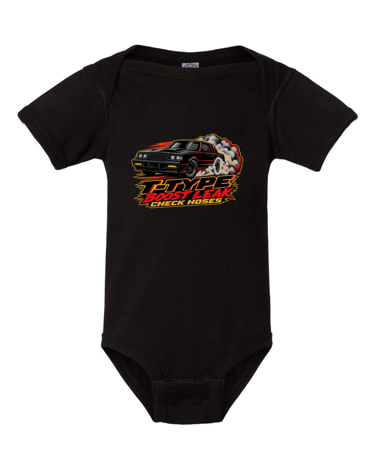 1986 Buick Regal T-Type G-body burnout in halftone screenprint style black baby onesie front view with the design