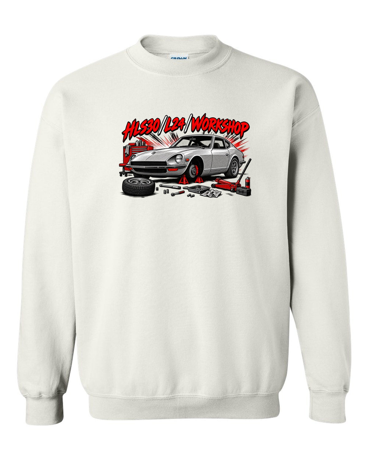Retro manga halftone panel print of the Datsun 240Z HLS30 with L24 workshop lettering white crewneck front view with the design