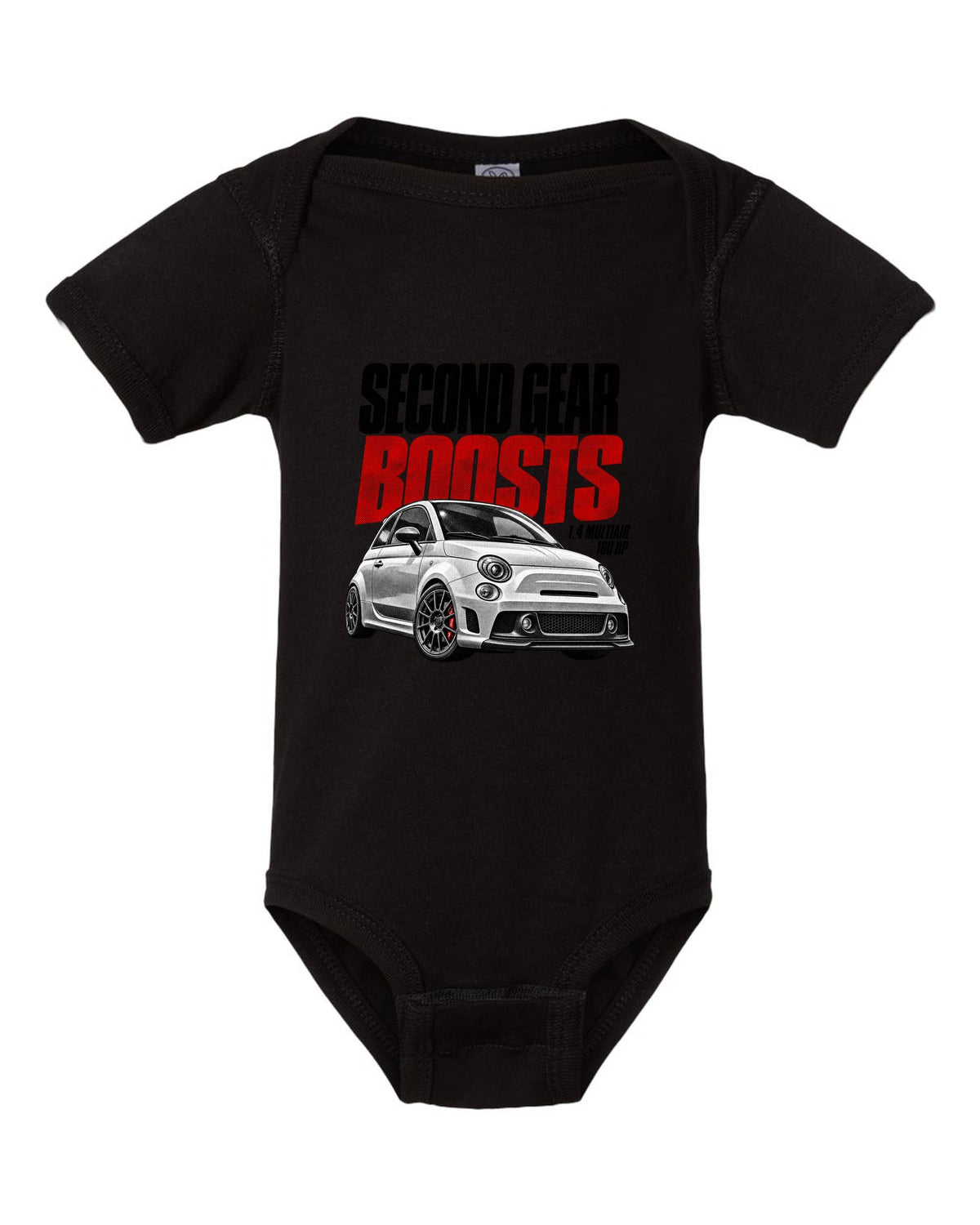 Halftone print of a Fiat 500 Abarth with 1.4 MultiAir and 160 HP text black baby onesie front view with the design