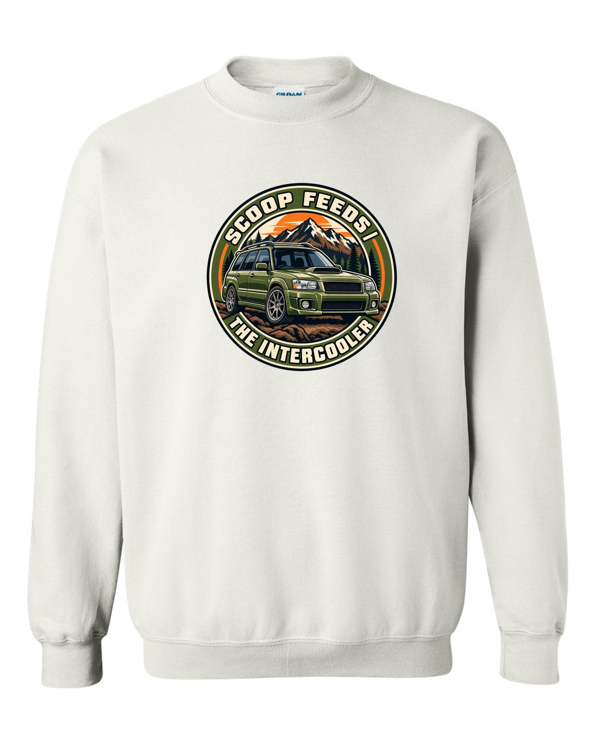 Round embroidered-style crest for a Subaru Forester SG9 about the hood scoop feeding the intercooler white crewneck front view with the design