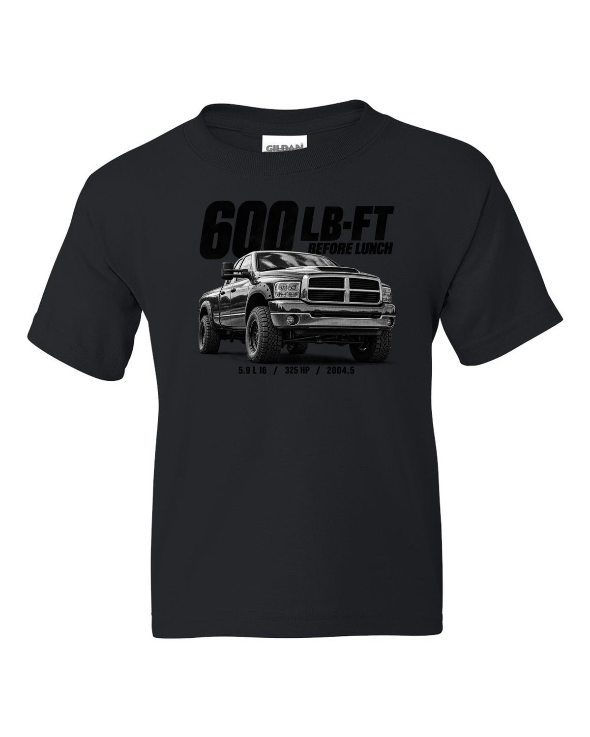 Halftone of a 2004.5-2007 Ram 2500 3rd gen 5.9 High Output with the text 600 lb-ft before lunch black kids tee front view with the design