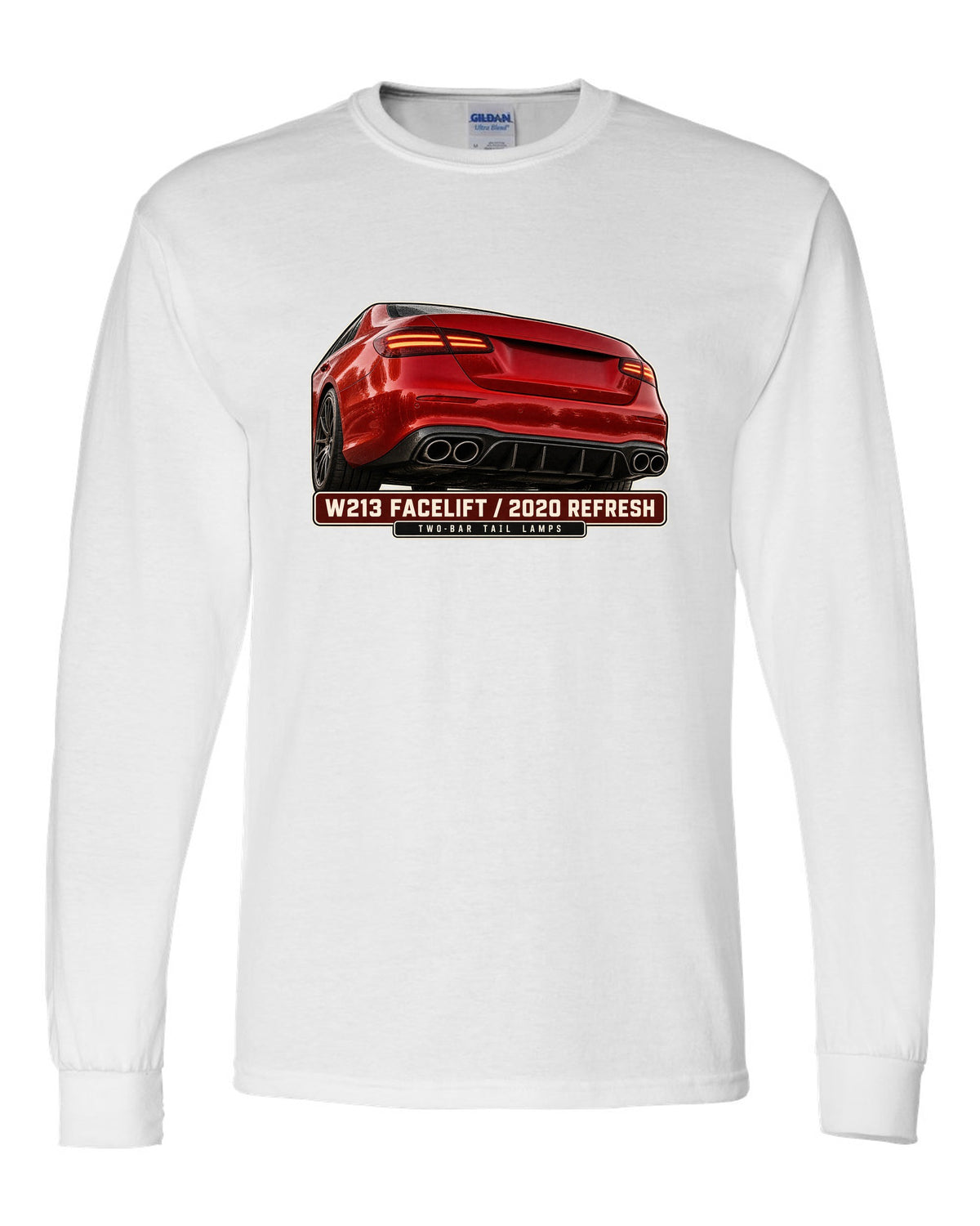 Tail lamp macro print of a red-orange Mercedes-AMG E63 S W213 facelift white long sleeve front view with the design