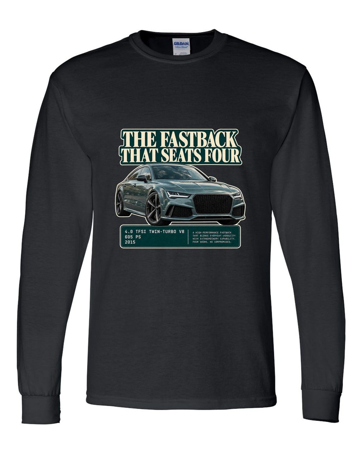 Audi RS7 Sportback C7 editorial headline print on a tee black long sleeve front view with the design
