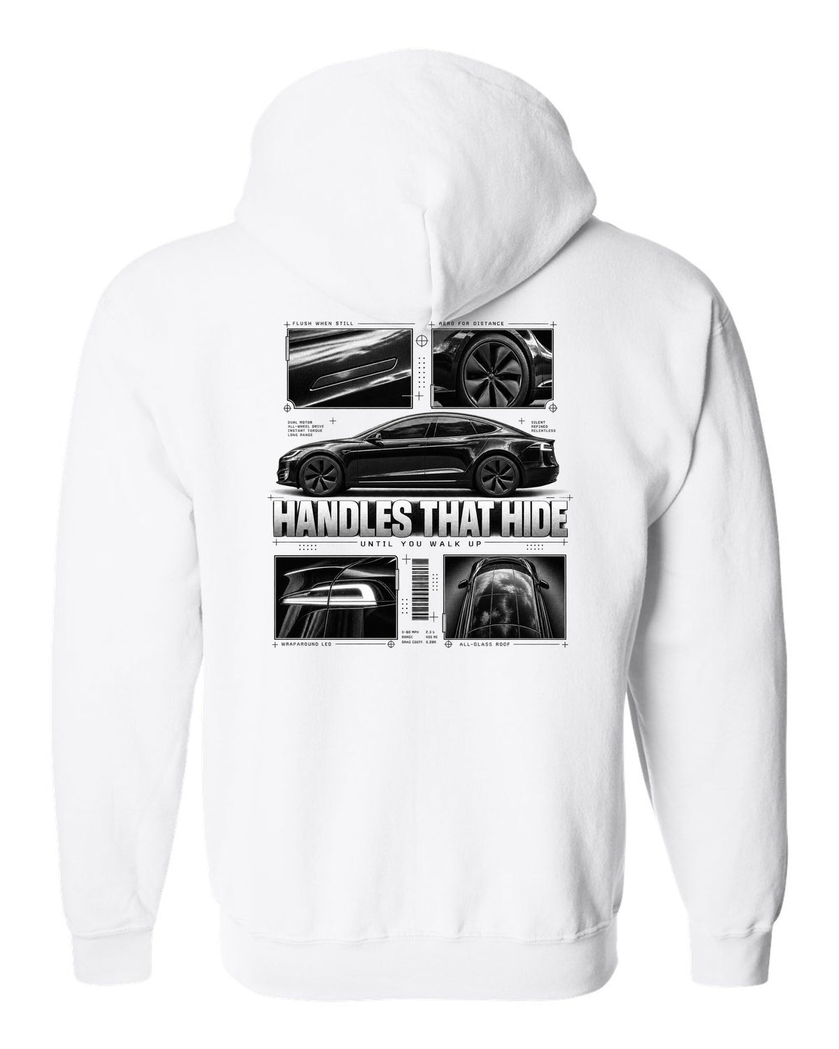 Tesla Model S Raven Side Profile Dossier white zip hoodie back view with the design