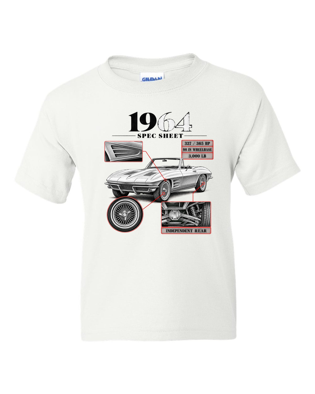 Chevrolet Corvette C2 Sting Ray 1964 convertible spec sheet print white kids tee front view with the design
