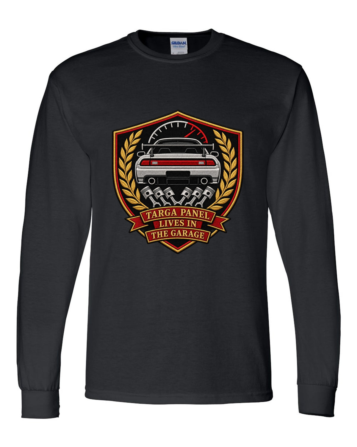 Embroidery-style shield crest print for the Toyota Supra A80 with targa panel lives in the garage lettering black long sleeve front view with the design