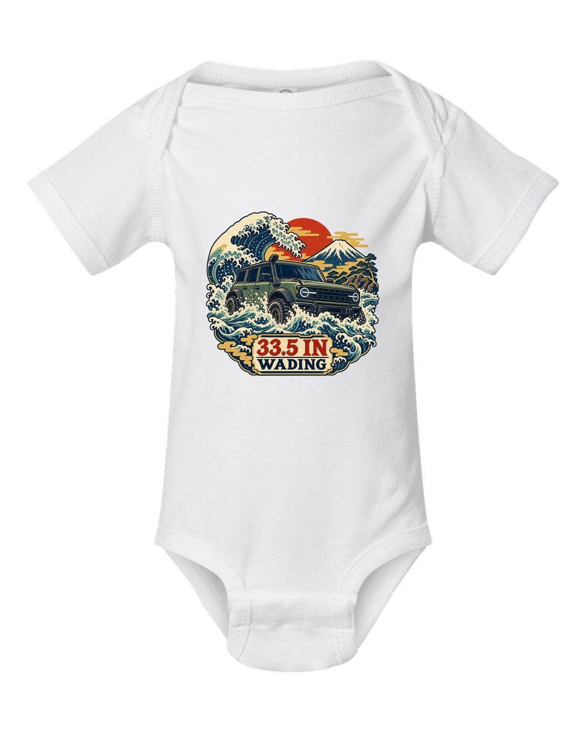 Ford Bronco 6G four-door with snorkel wading a wave in an ukiyo-e print white baby onesie front view with the design