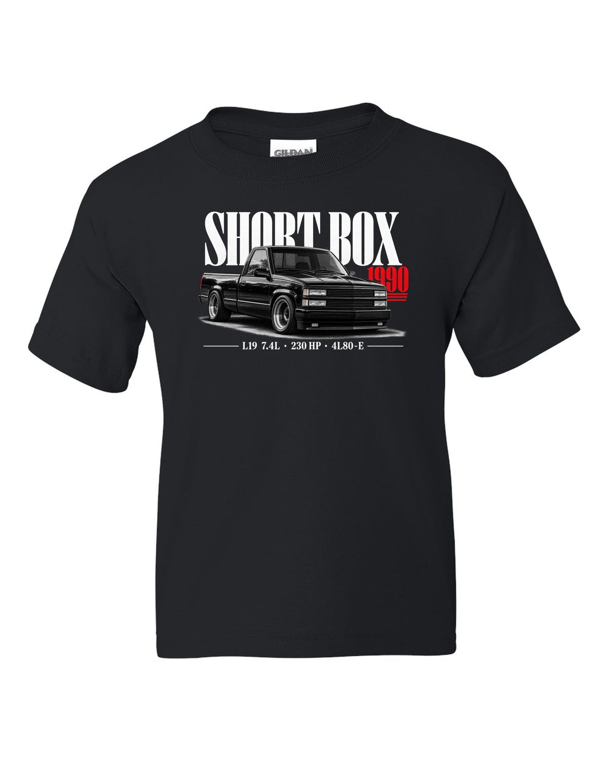 1990 Chevy 454 SS short box pickup editorial print black kids tee front view with the design