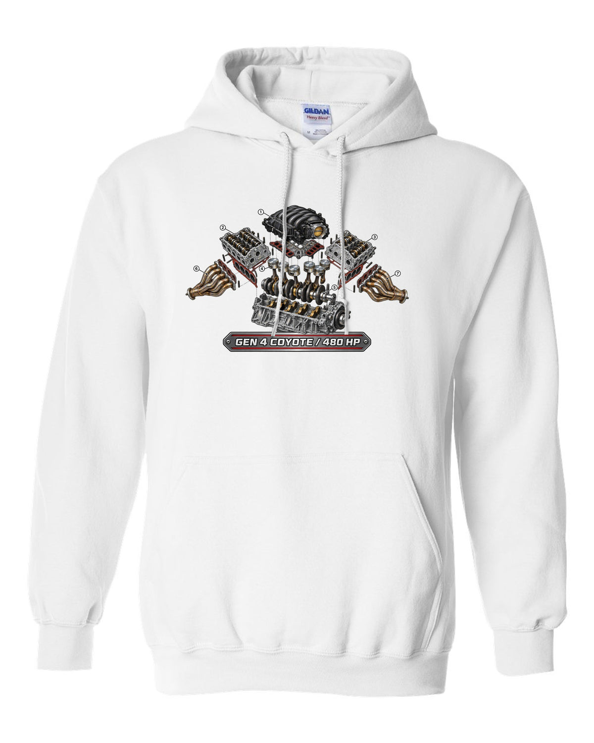Isometric exploded cutaway engine print of a 2024 S650 Mustang 5.0 Gen 4 Coyote V8 white pull over hoodie front view with the design