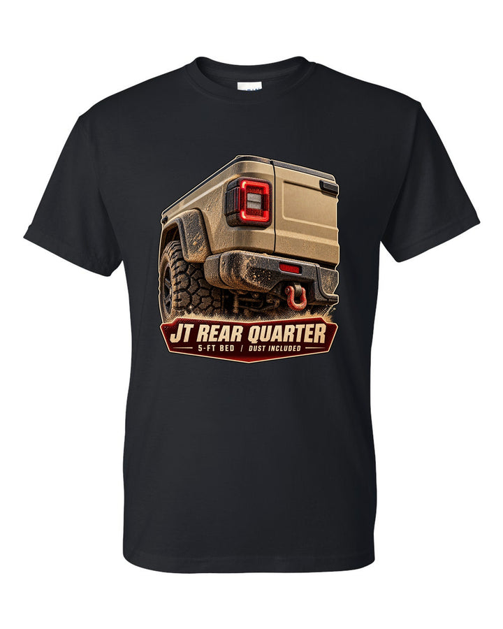 Rear quarter detail print of the Jeep Gladiator Mojave JT with bed callout black t-shirt front view with the design