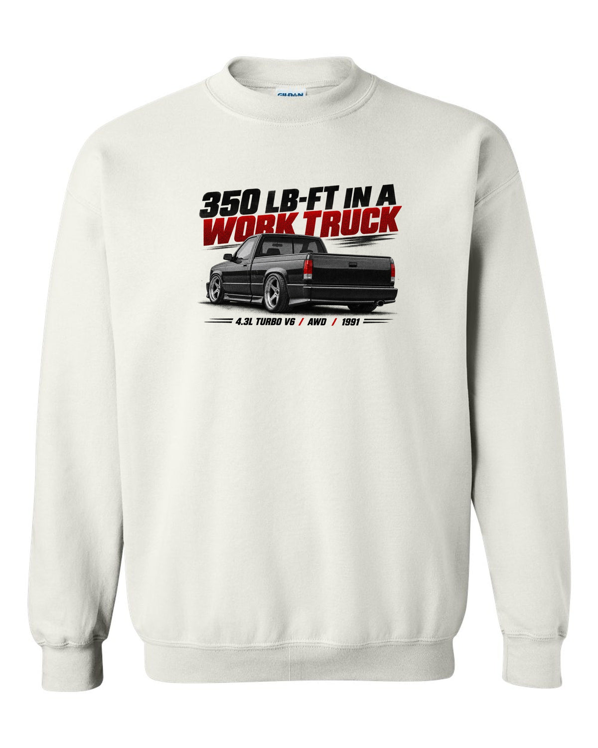 Halftone print of a 1991 GMC Syclone in a low rear three-quarter view white crewneck front view with the design