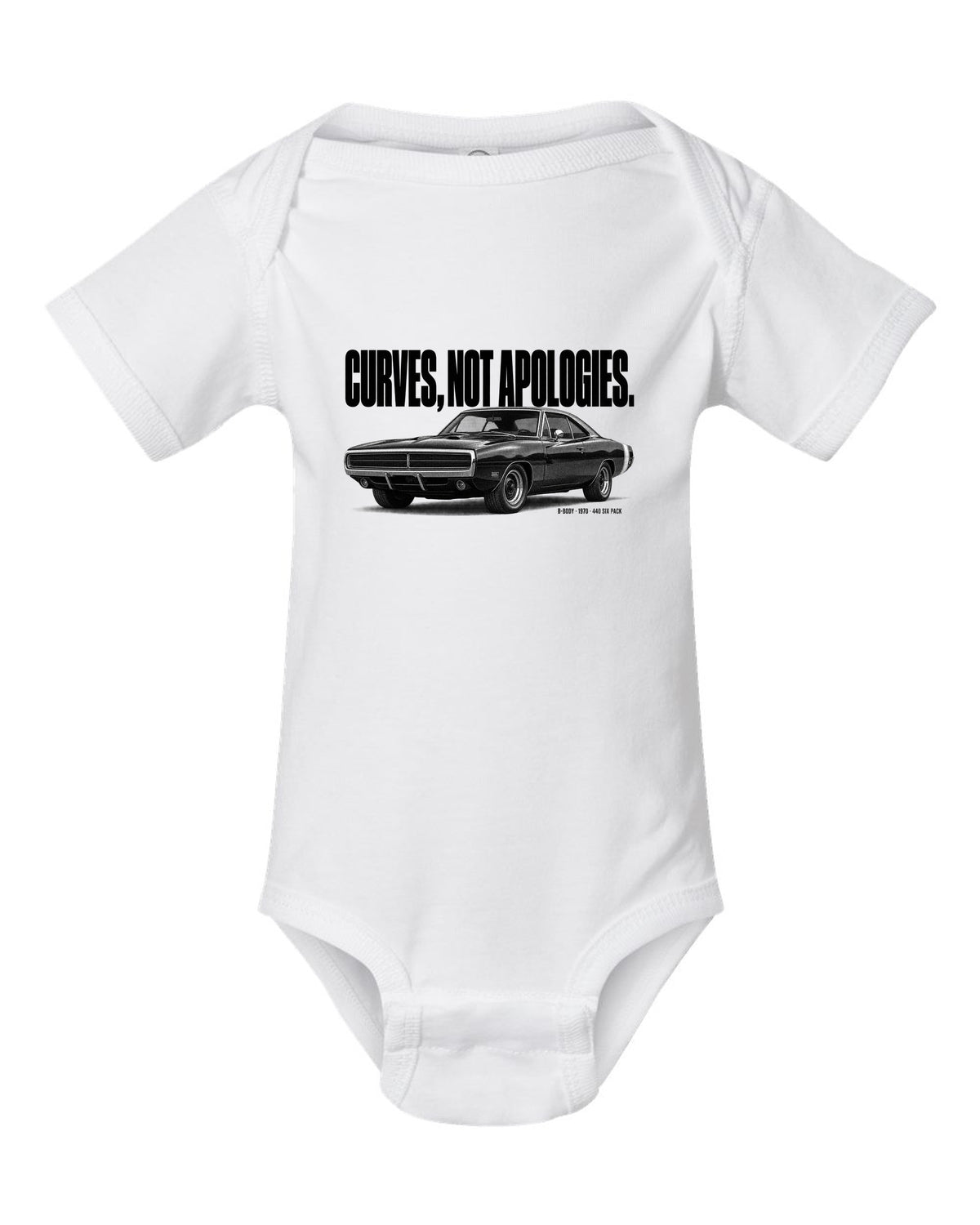Halftone statement print of a 1970 Dodge Charger R/T with curves not apologies text white baby onesie front view with the design