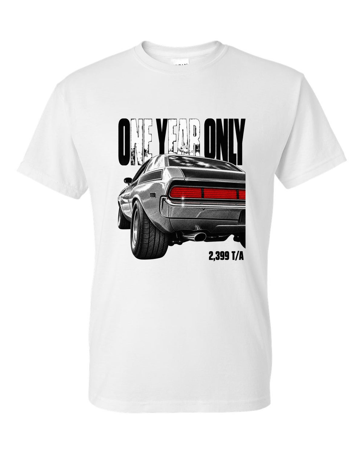 Taillight macro print of a 1970 Dodge Challenger T/A with one year only 2,399 T/A text white t-shirt front view with the design