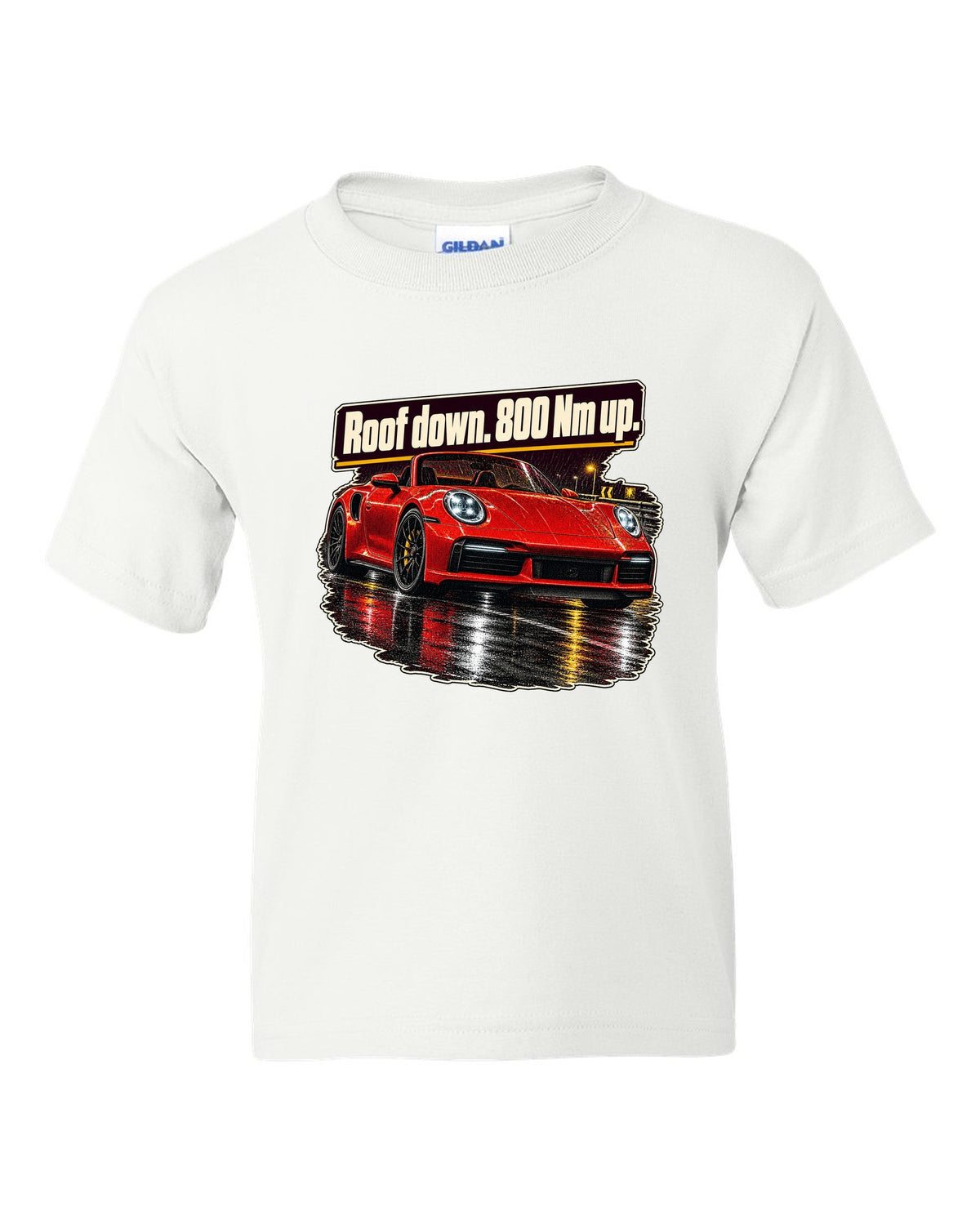 Night street print of a Porsche 992 Turbo S Cabriolet with roof down white kids tee front view with the design