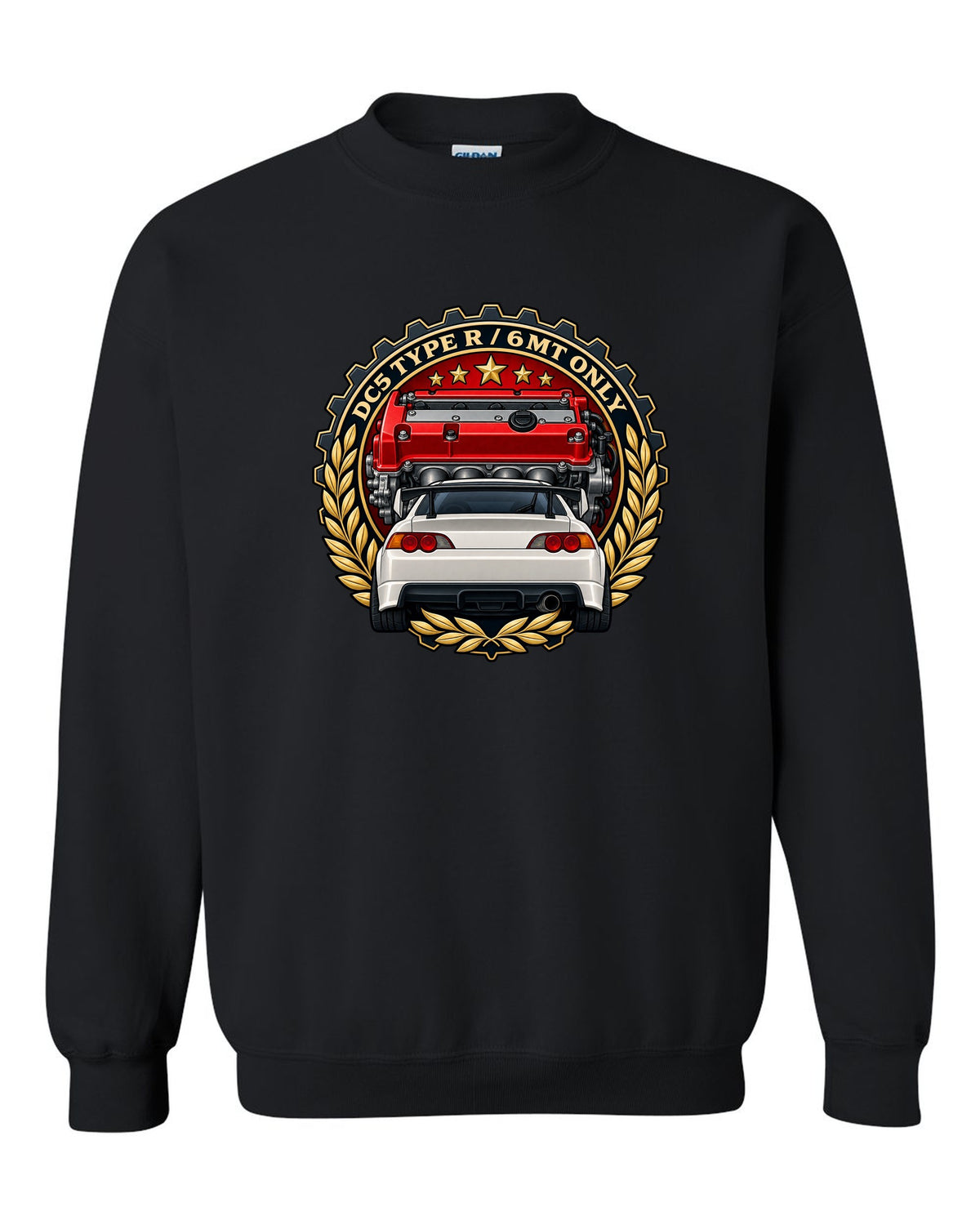 Cel-shaded anime night touge scene with a Honda Integra Type R DC5 black crewneck front view with the design