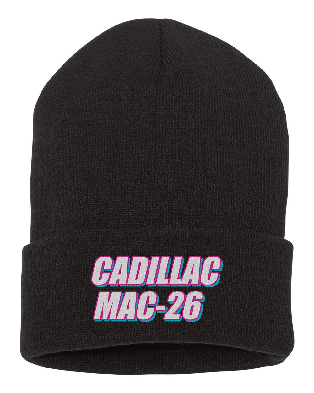 Cadillac Mac-26 black beanie front view with car name