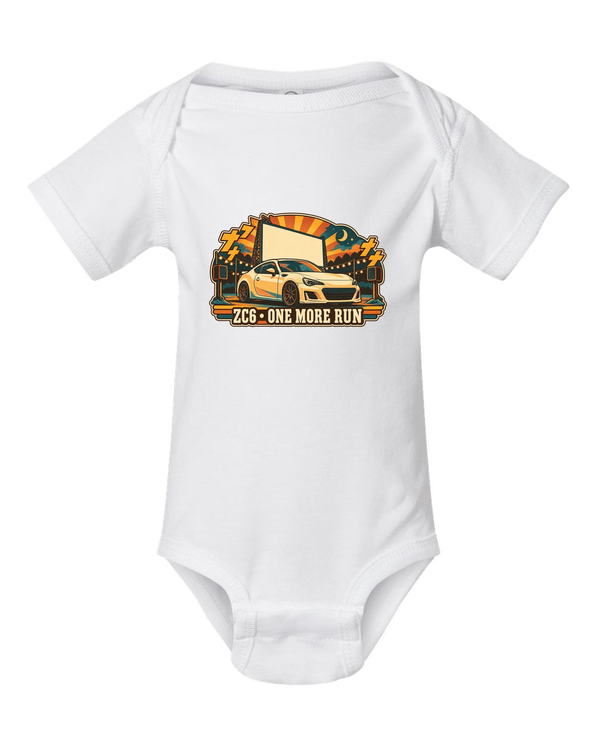 Subaru BRZ ZC6 in a retro Japanese showa catalogue ad style, ZC6 / ONE MORE RUN white baby onesie front view with the design