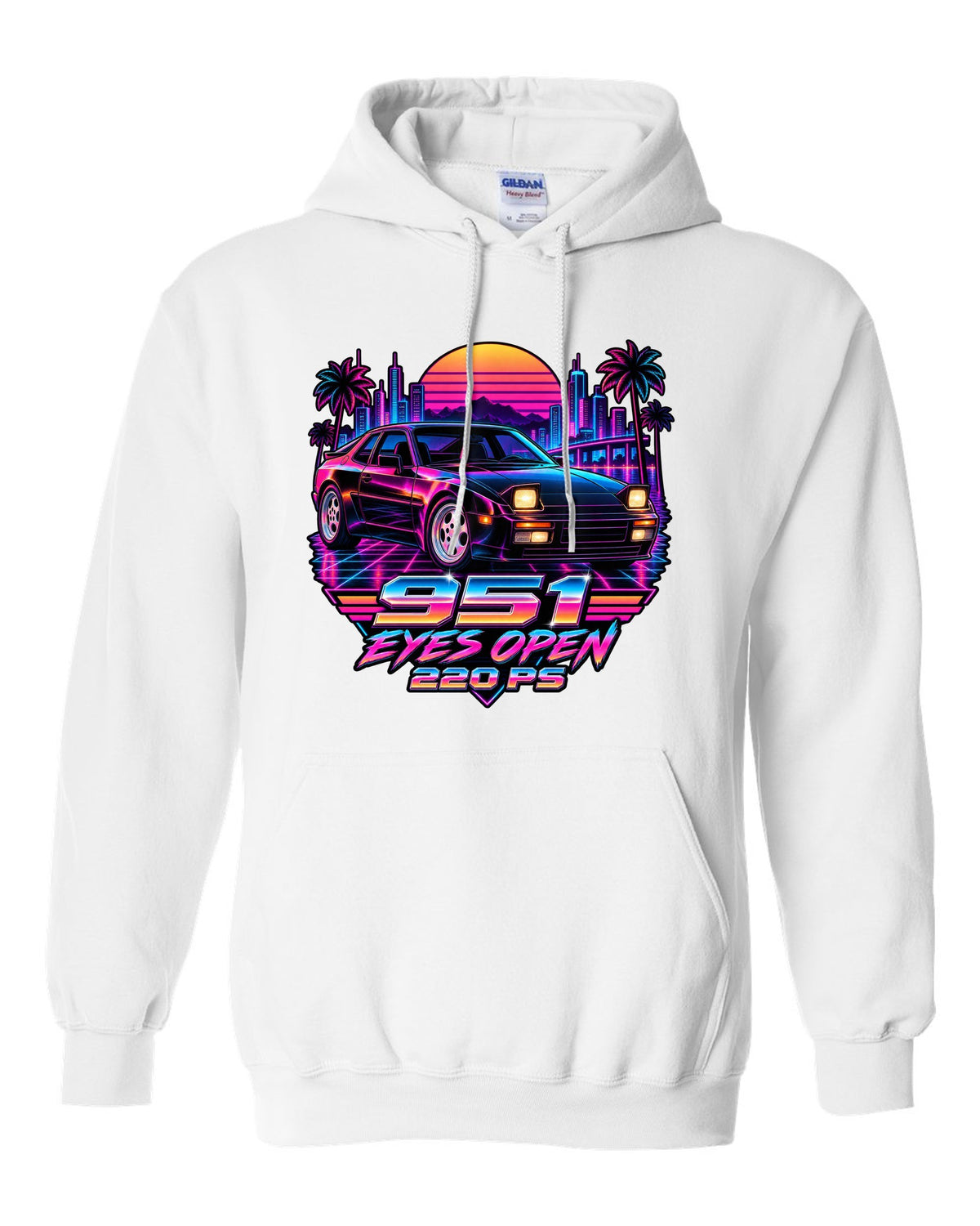 Synthwave neon Porsche 944 Turbo 951 with pop-up headlights open white pull over hoodie front view with the design