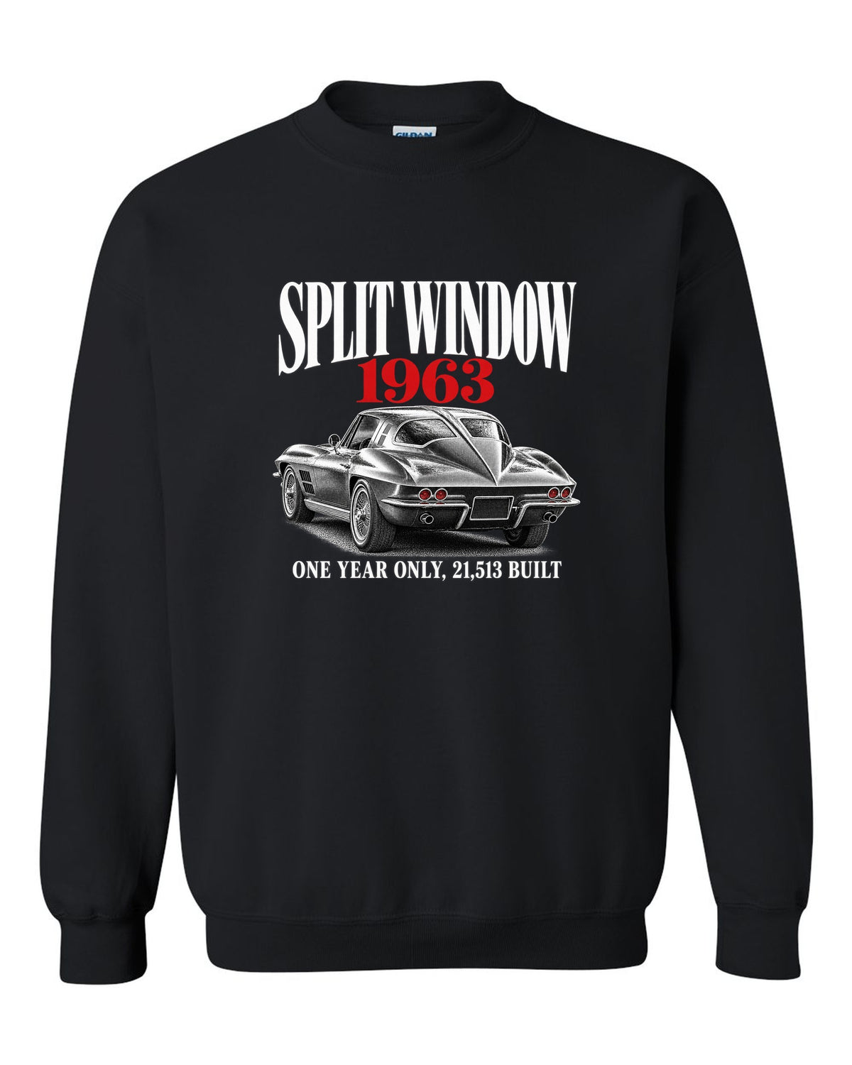 Chevrolet Corvette C2 Sting Ray 1963 split-window coupe editorial print black crewneck front view with the design