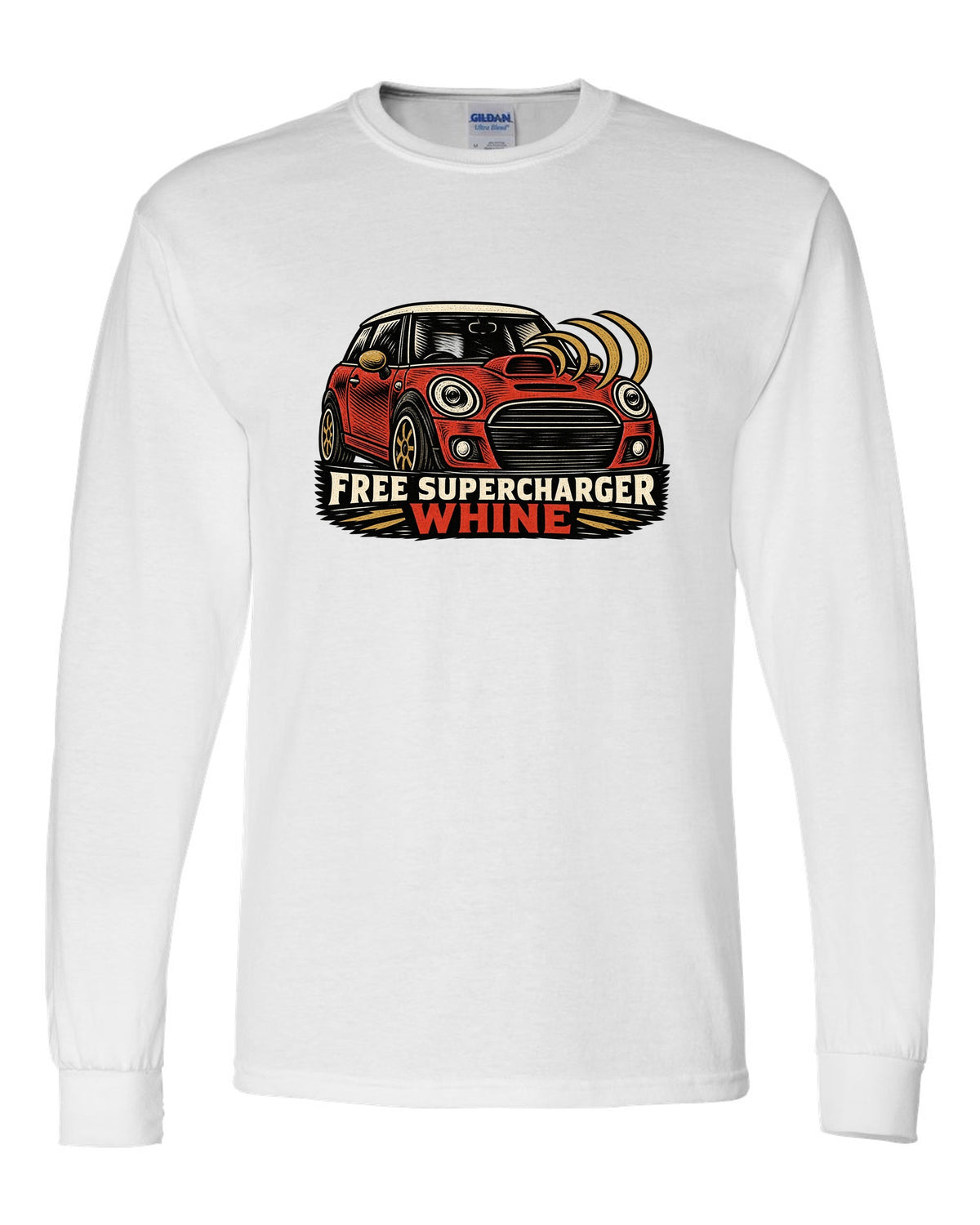 Linocut woodcut print of a Mini Cooper S R53 with the words free supercharger whine white long sleeve front view with the design