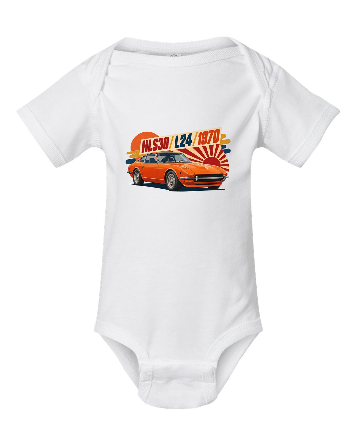 Retro Japanese showa catalogue ad of a 1970 Datsun 240Z HLS30 with L24 lettering white baby onesie front view with the design