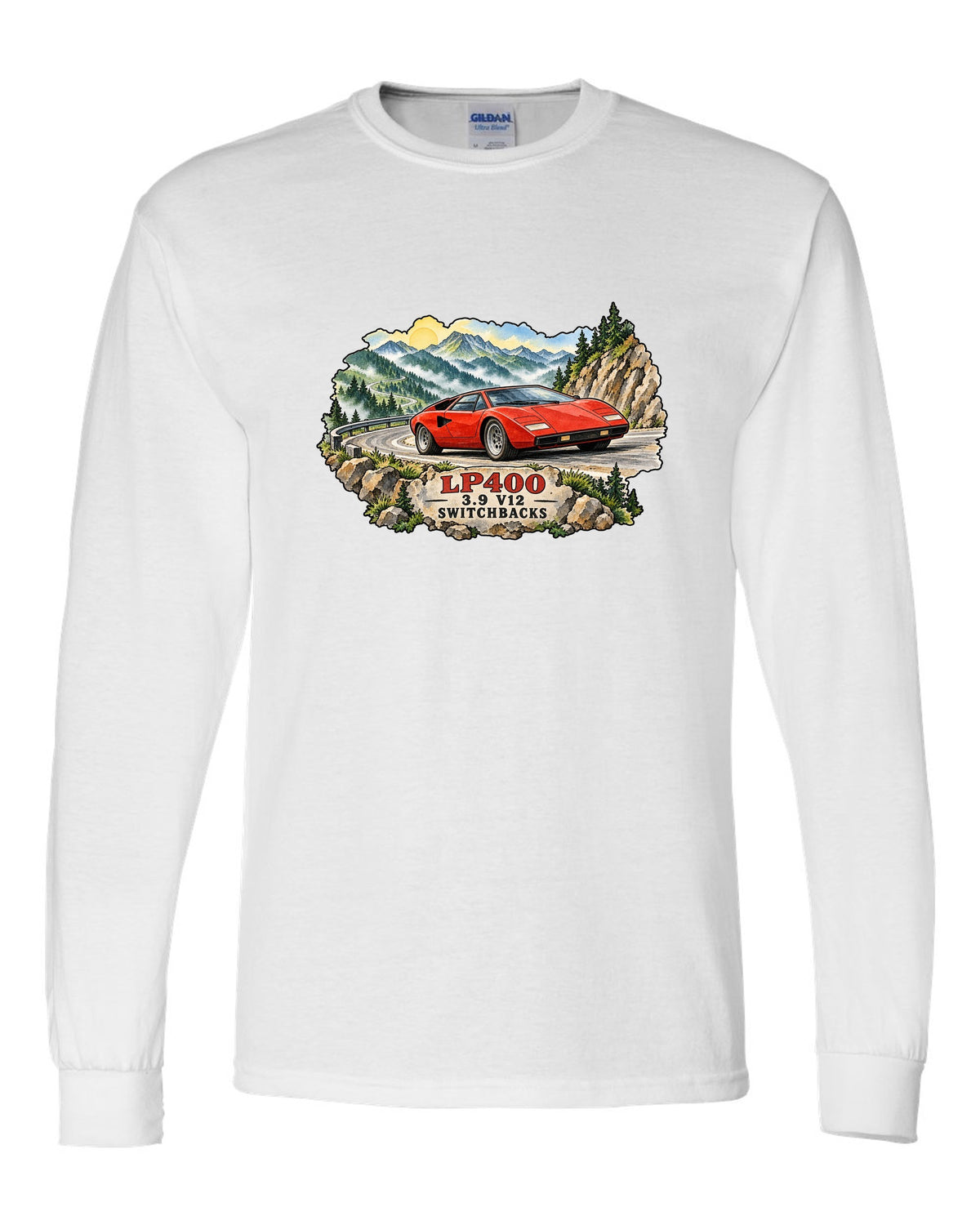 Watercolour ink wash design of a Lamborghini Countach LP400 on mountain switchbacks white long sleeve front view with the design