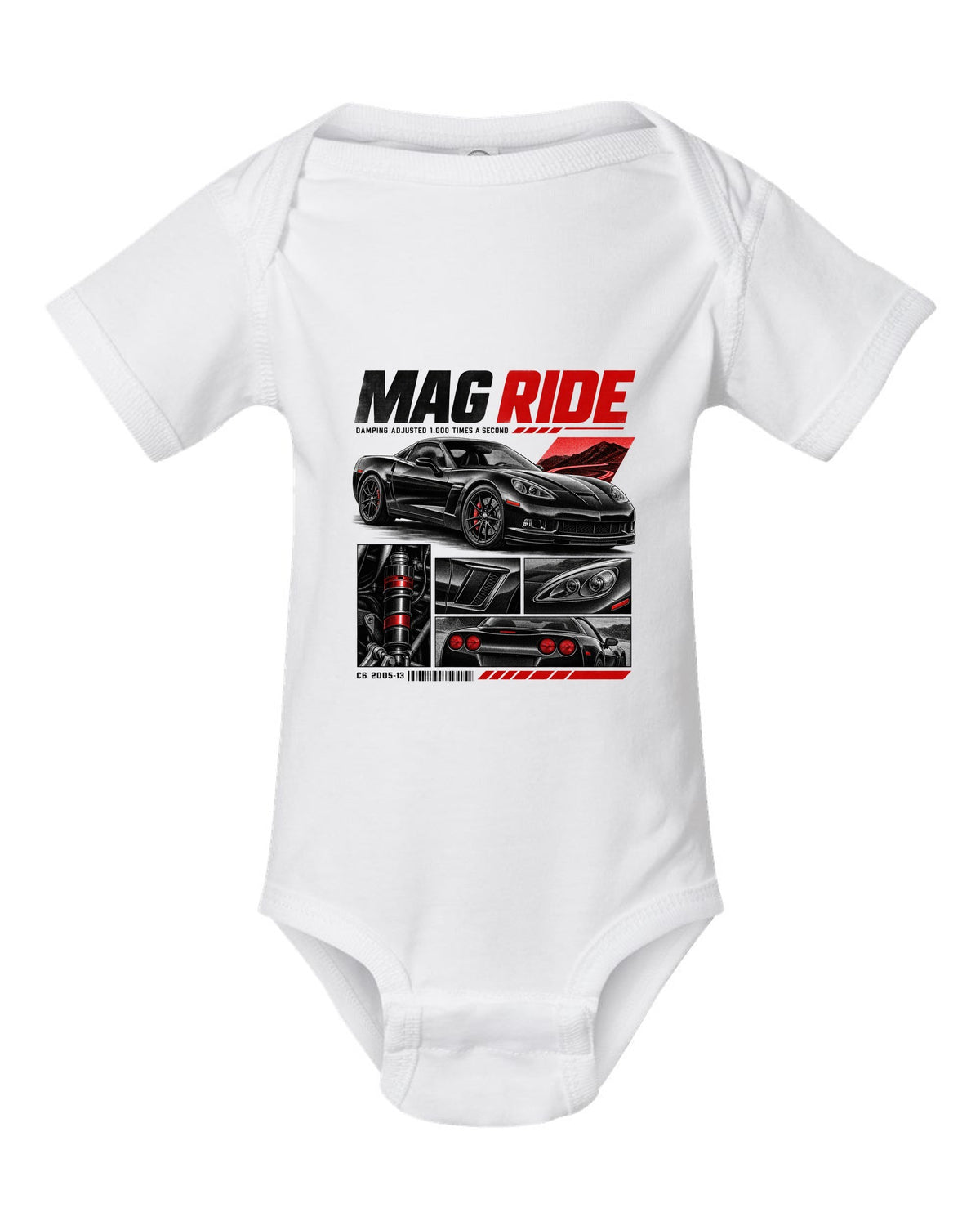 Corvette C6 coupe in dossier panels with magnetic ride text white baby onesie front view with the design