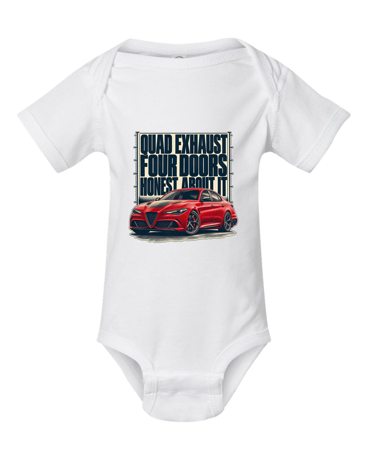 Alfa Romeo Giulia Quadrifoglio halftone statement print white baby onesie front view with the design