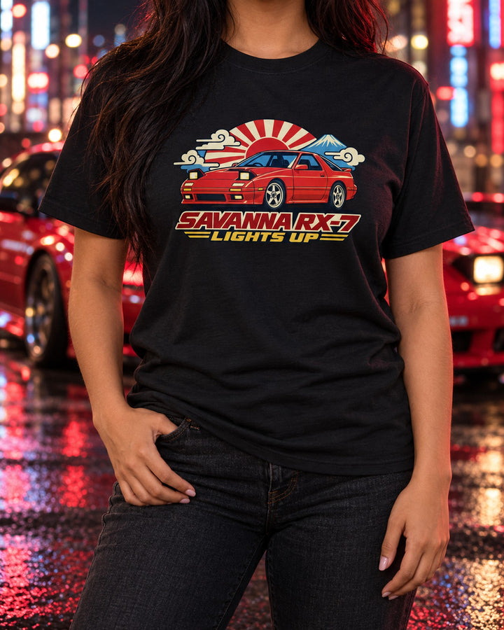 Savanna RX-7 FC3S Lights Up Showa Ad Style Shirt T-Shirt Black worn hero