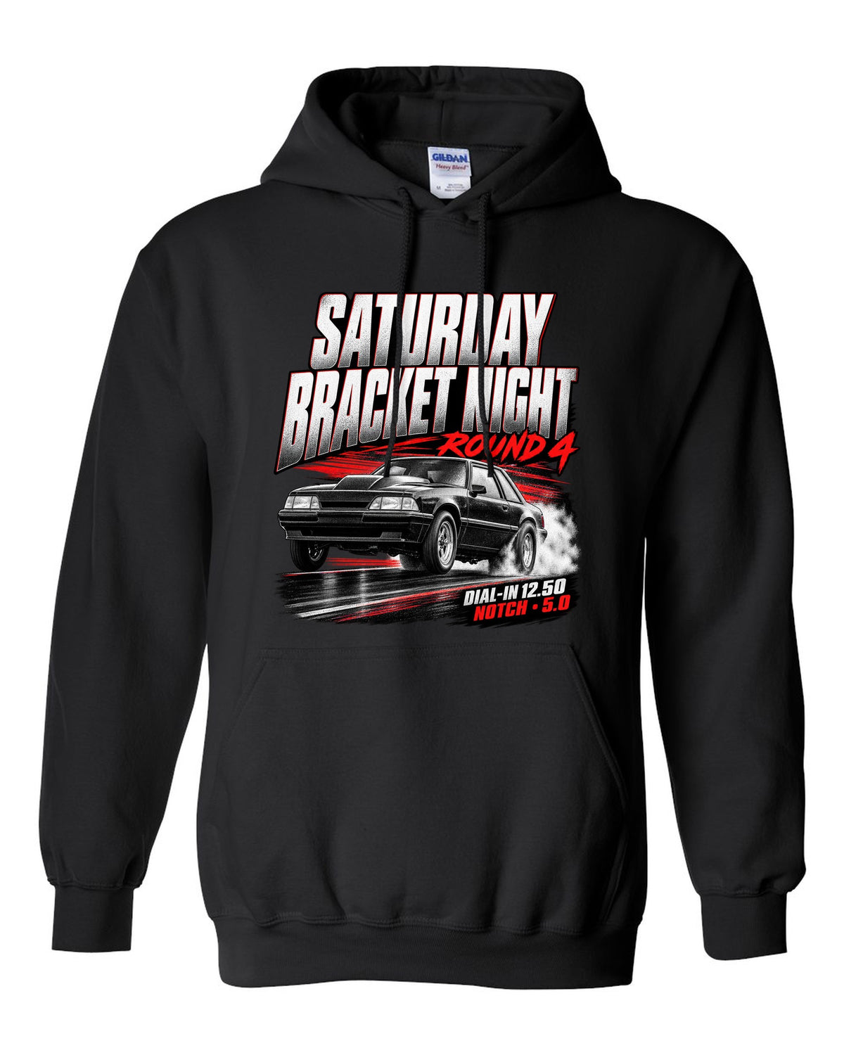 Race poster illustration of a Fox body Mustang notchback drag build for bracket night round 4 black pull over hoodie front view with the design