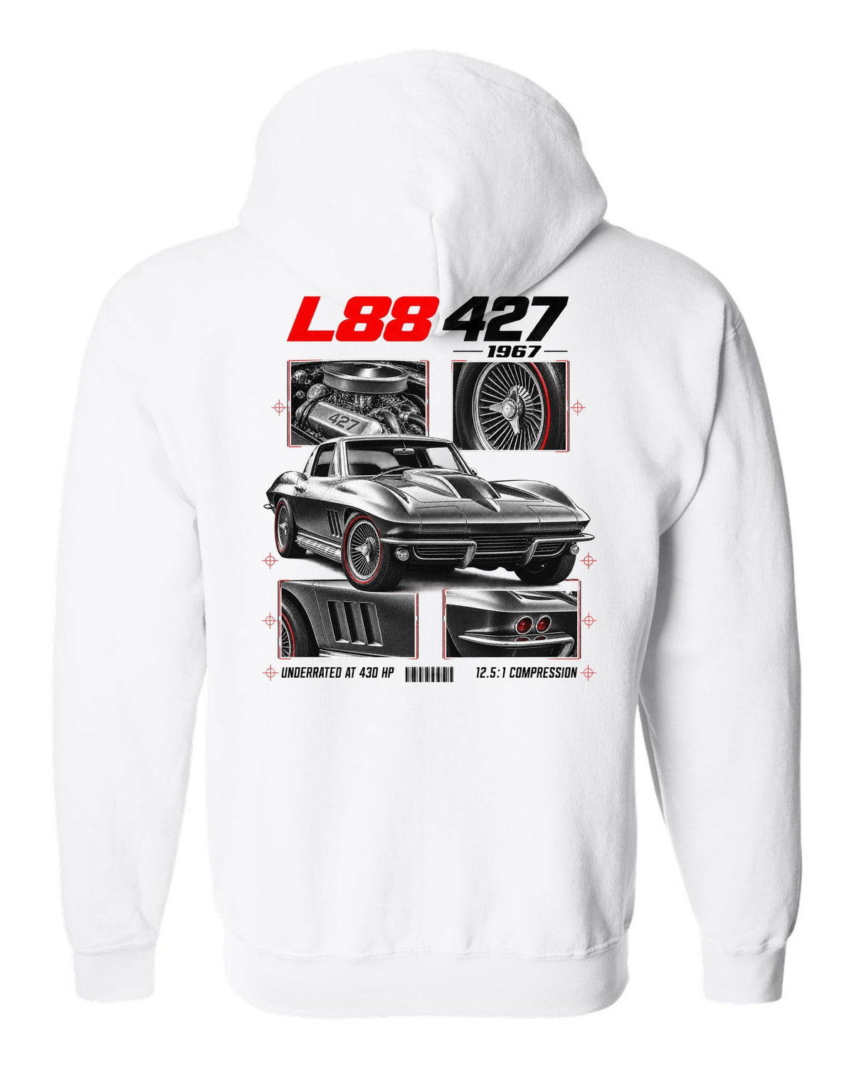 Chevrolet Corvette C2 Sting Ray 1967 L88 427 dossier print white zip hoodie back view with the design
