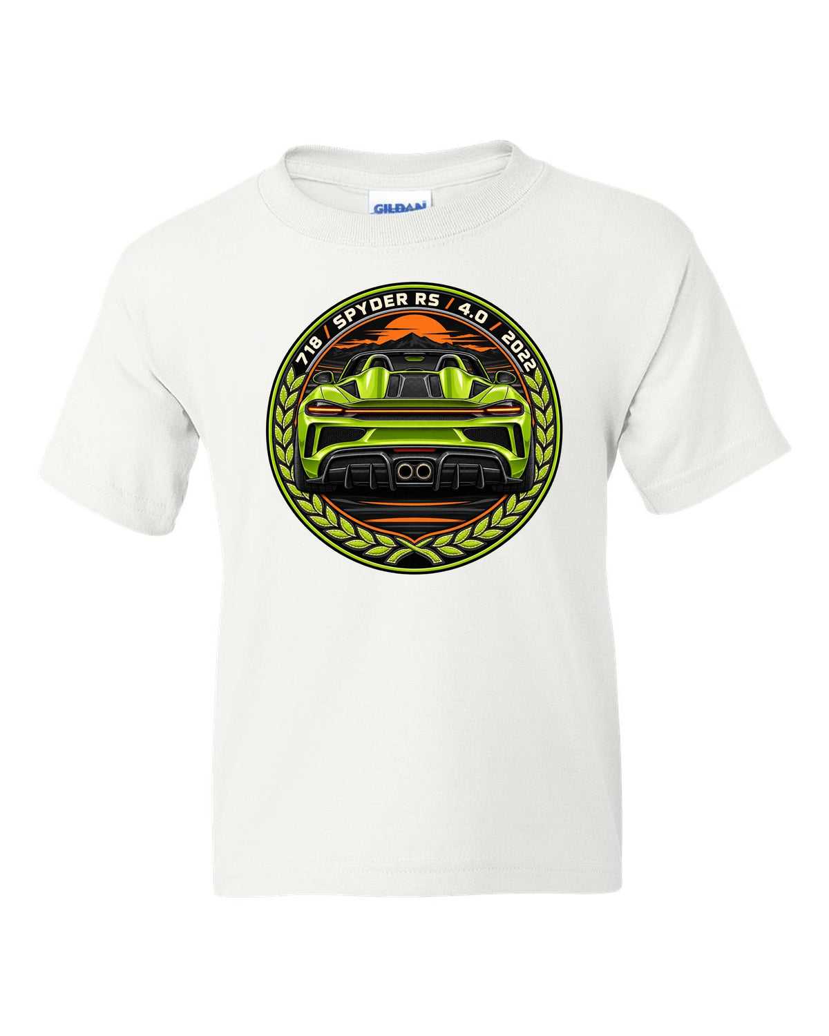 Round crest design for the Porsche 718 Spyder RS with 4.0 and 2022 lettering white kids tee front view with the design